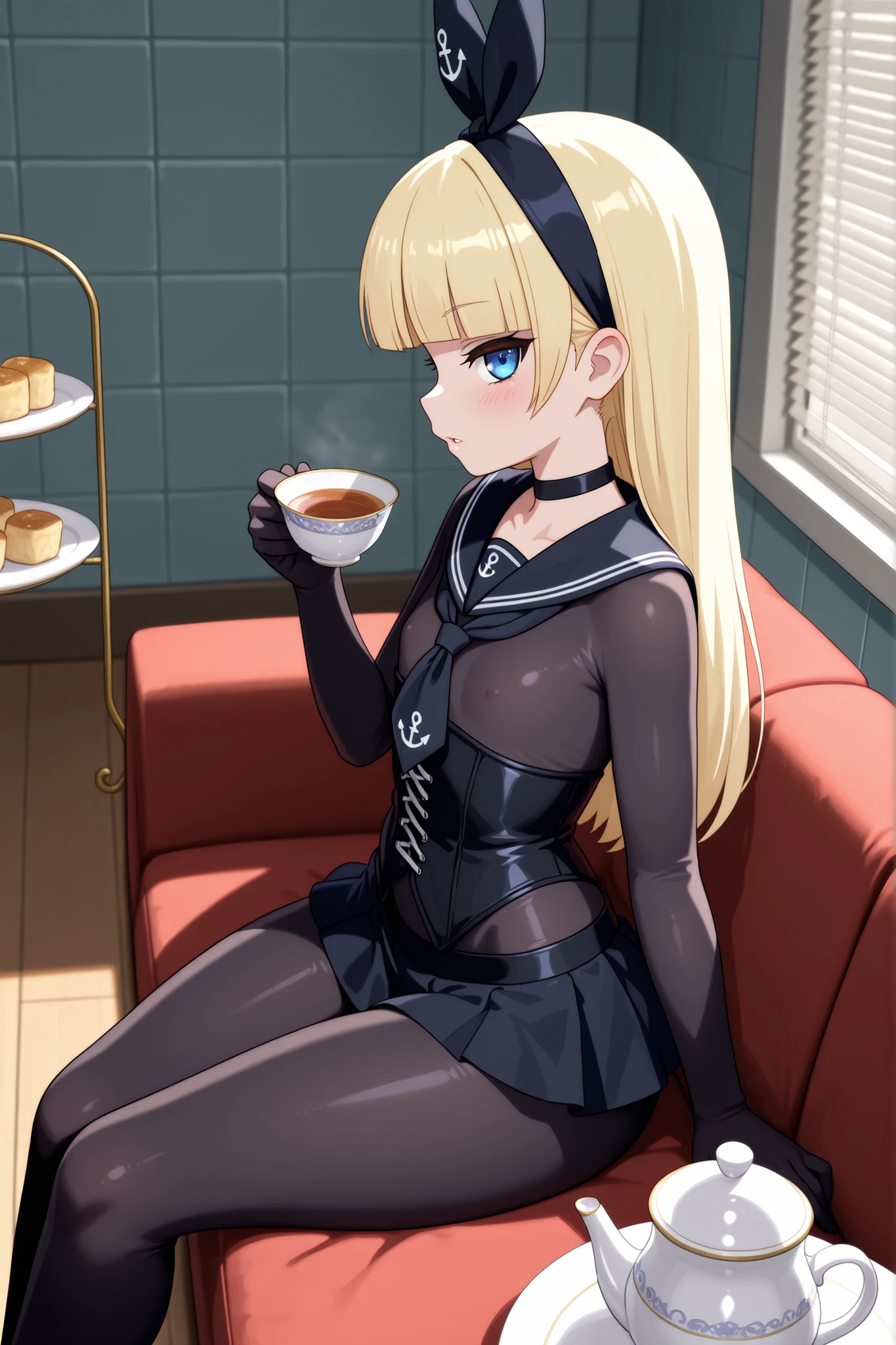 Pacifica Northwest, flat breasts, flat chest, skinny, huge hips, long hair, blonde hair, choker , |  masterpiece,best quality,newest, 1girl,solo, hairband,clothes writing,anchor symbol, h_clothes,black neckerchief,black sailor color,black bodysuit,corset,black mini skirt, window,wooden floor,shade,blinds,tile wall,looking_at_viewer,dynamic_angle,cinematic_angle,light_blush,parted lips,hand up,sitting_on_couch,teapot,teacup,holding_cup,high tea stand,scone,pov,from_side,profile,expressionless,

