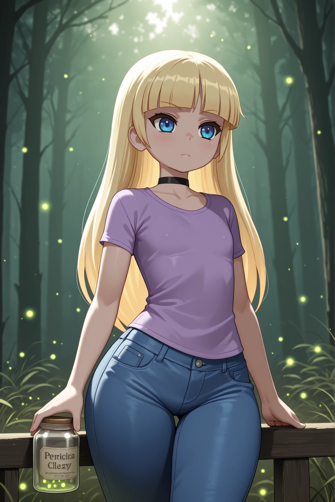 Pacifica Northwest, flat breasts, flat chest, skinny, huge hips, long hair, blonde hair, choker , |  natural lighting, soft lighting, sunlight, HDR (High Dynamic Range), Maximum Clarity And Sharpness, Multi-Layered Textures, fireflies, jar, jeans, shirt