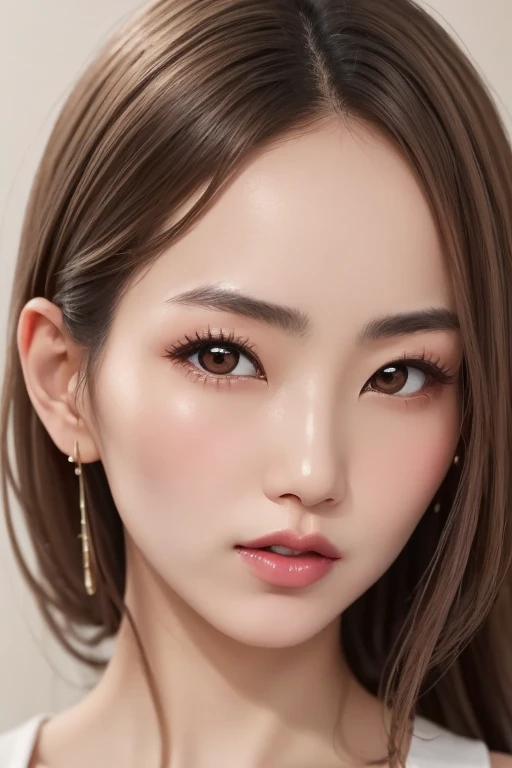 ((perfect proportions)), ((small head:1.4), anatomically correct), (the most absurd quality perfect eyes), ((beautiful slim and sharp-face:1.2), super detailed:1.2), (light pale complexion), ((clear and sharp perfect round realistic brown_eyes:1.3), Insanely detailed:1.3), finely detailed pupils, detailed lips:1.3, impeccable body posture, upright, self-confident, telephoto lens, Background gray, Plain grey background, (the most absurd quality), (masterpiece),