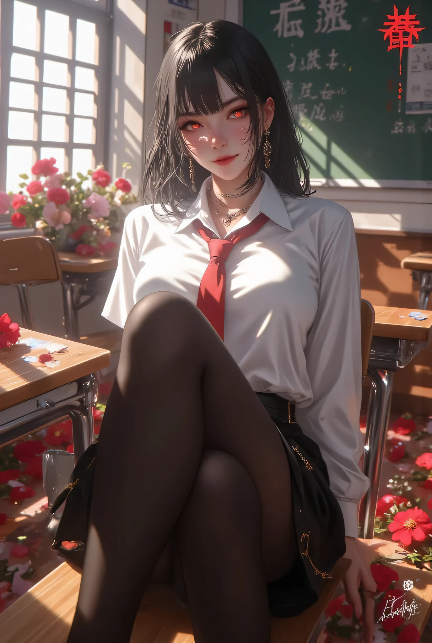 realistic, (1girl:1.5), Austere Teacher, masterpiece, full body view, sitting on table in school class, flowers everywhere, (school class backgroud:1.7), white school shirt, black pantyhose, leg on leg, hand behind the back, Austere face, strict expression, perfect face, detailed face, black hairs,detailed eyes, red eyes, hd, hdr, best quality, lots of details, ultra sharp, ultra detailed, colorful, (mesmerizing eyes:1.4), (captivating smile:1.3), perfect proportions:1.3), (radiant complexion:1.3), (alluring gaze:1.3), (feminine charm:1.4), (timeless beauty:1.4), (highly detailed:1.4), (sharp focus:1.3), (soft lighting:1.3), (dreamy atmosphere:1.3), (rich color palette:1.3), (complementary colors:1.2), (8k resolution:1.3), (octane render:1.3), (ray tracing:1.2), (HDR:1.2), (photorealistic:1.4), (masterpiece:1.5), (award-winning:1.4), (trending on Artstation:1.3),(global illumination:1.2), (hyper-detailed skin texture:1.4), (enchanting:1.4), (mesmerizing:1.4), (unforgettable:1.3), (masterpiece), (best quality), (ultra-detailed), very aesthetic, illustration, disheveled hair, perfect composition, moist skin, intricate details, concept art, digital artwork, illustrative, painterly, matte painting, highly detailed