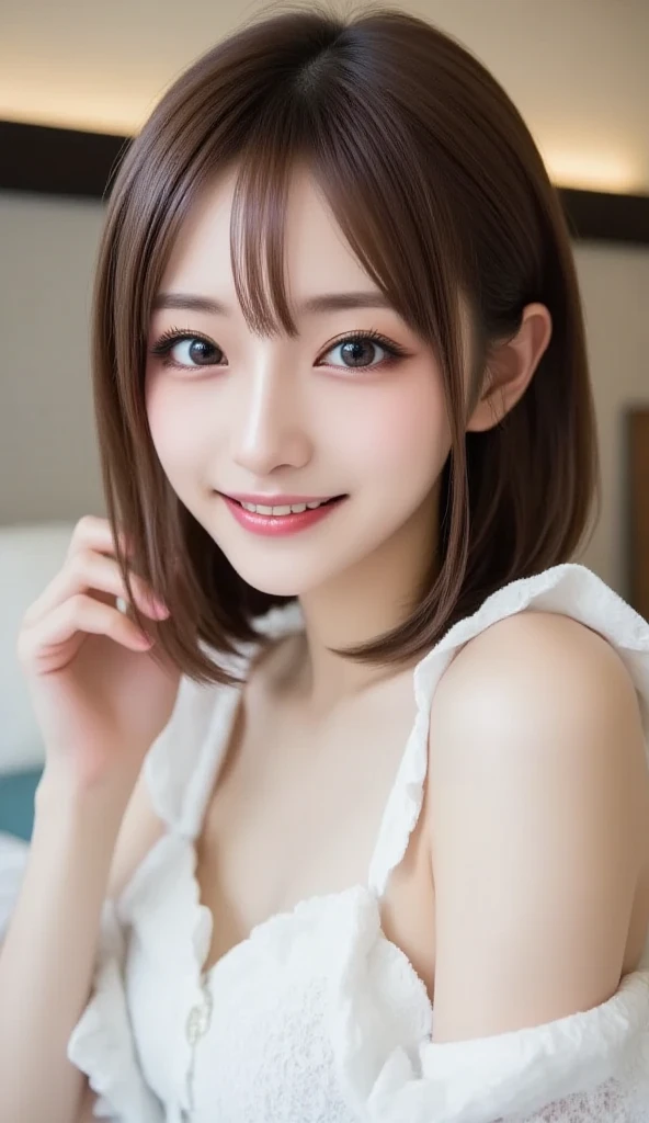 bright表情、Photorealistic:1.32、highest quality、超A high resolution、最も美しい日本のgirlの写真、Cute and beautiful face details、Small Face、(Purelos Face_V1:0.008)、美しいbangs、14 years old、Radiant, fair, glowing skin、Hair gets tangled in the face、girl１people、顔まで伸びるbangs、bangs、Hair between the eyes、Attractive brown silky hair、bright、Her clear eyes shine charmingly、Dynamic pose、highest quality、Disorganized、((The cutest girl in the world))、日本people、((Mini dress with ribbon:1.3))、Newest Brands、Korean Fashion、(Long Bob:1.3)、(Tie with a thin ribbon)、Nice and cute、An innocent smile、nice smile、No cleavage、(Large :1.3)、(Posing cutely:1.3)、Brown Hair、Small waist、Detailed beautiful eyes、View your viewers、Upper Body、Close-up of face、Front view、