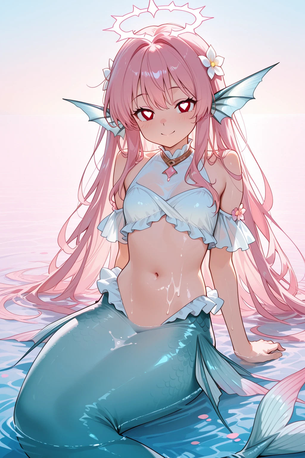 Mermaid underwater mermaid, mermaid tail, mermaid tail below waistline, jacket, , 1girl, pink hair, long hair, pink eyes, happy, blush,