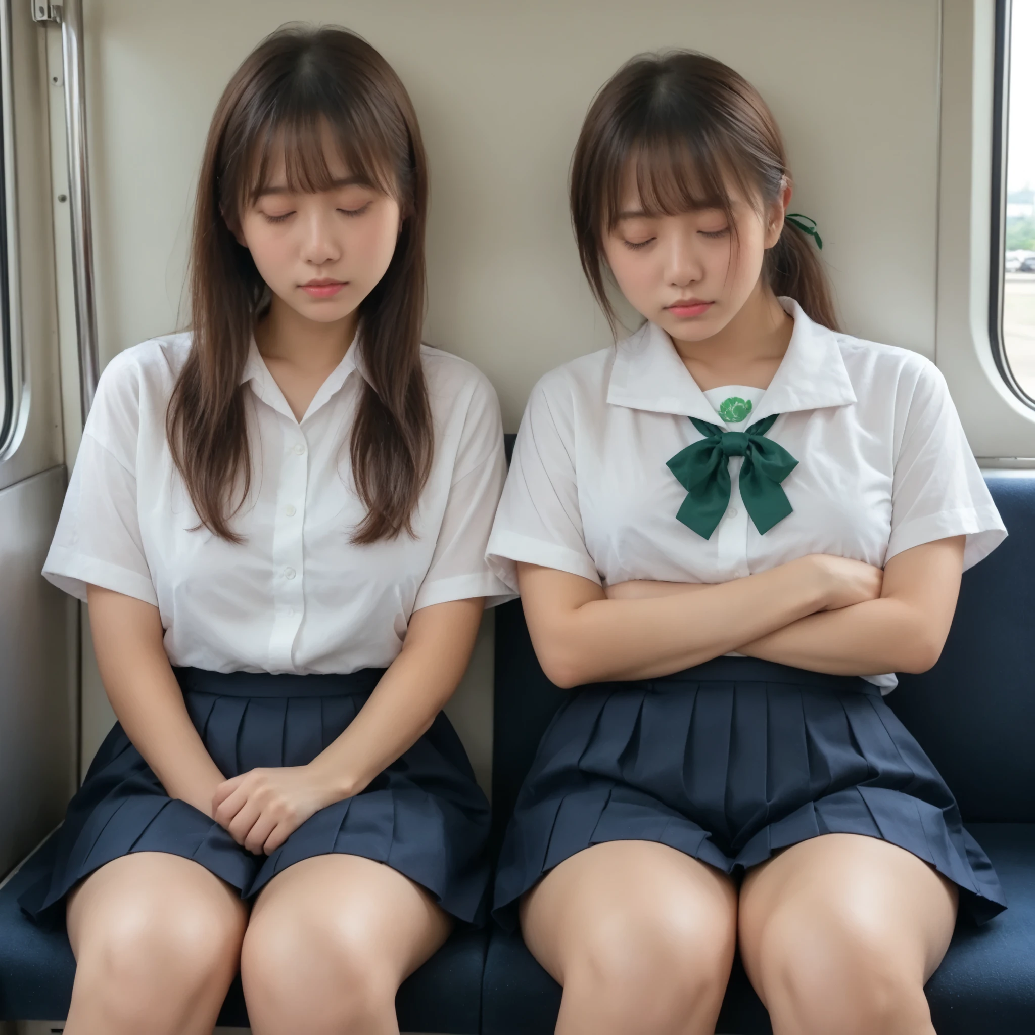 ((2girls)) in train, face look down, (Japanese girls), perfect face, highly detailed skin, best quality, very detailed face in, vibrant colors, ((Curvaceous body)), sleeping, close eyes, Brown Hair, ((green gingham ribbon on chest)), black socks, dark pleats skirt, highschool uniform, sit on train seat, wet seat, beautiful thighs, ((embarrassing)), (hide white panties:0.1), (Shiny thighs, ((detailed glossy thigh)), cross arms, (school bag on legs), loosely opened mouth, (((pov of long shot))), black short hair, brown ponytail hair