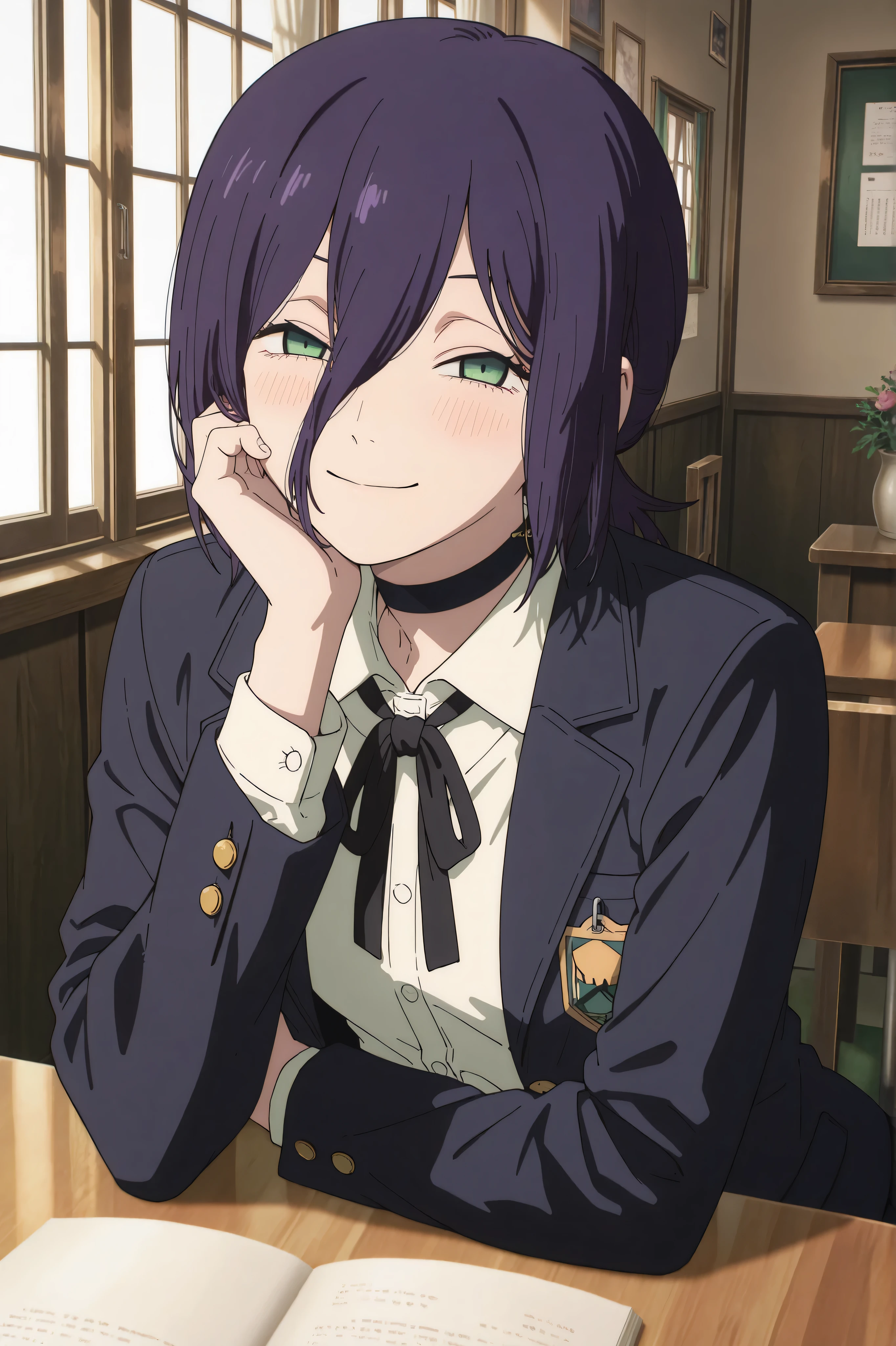 (masterpiece, detailed:1.2),best quality, newest, very awa, masterpiece, best quality, absolutely absurdres, proportional body, proportional, beautiful hair, beautiful face, newest, anime screencap, detail finger, cinematic composition, ultra detail, reze, black choker, purple hair, choker, eyebrows hidden by hair, green eyes, long bangs, medium hair, reze from chainsaw man, medium hair,,school uniform, blazer, neck ribbon, smile. seductive smile, facing viewer, pull pin decorate on choker, decoration on side of choker, happy, closed mouth, one hand on cheek, blush facing viewer, libarary, behind window, sitting, table