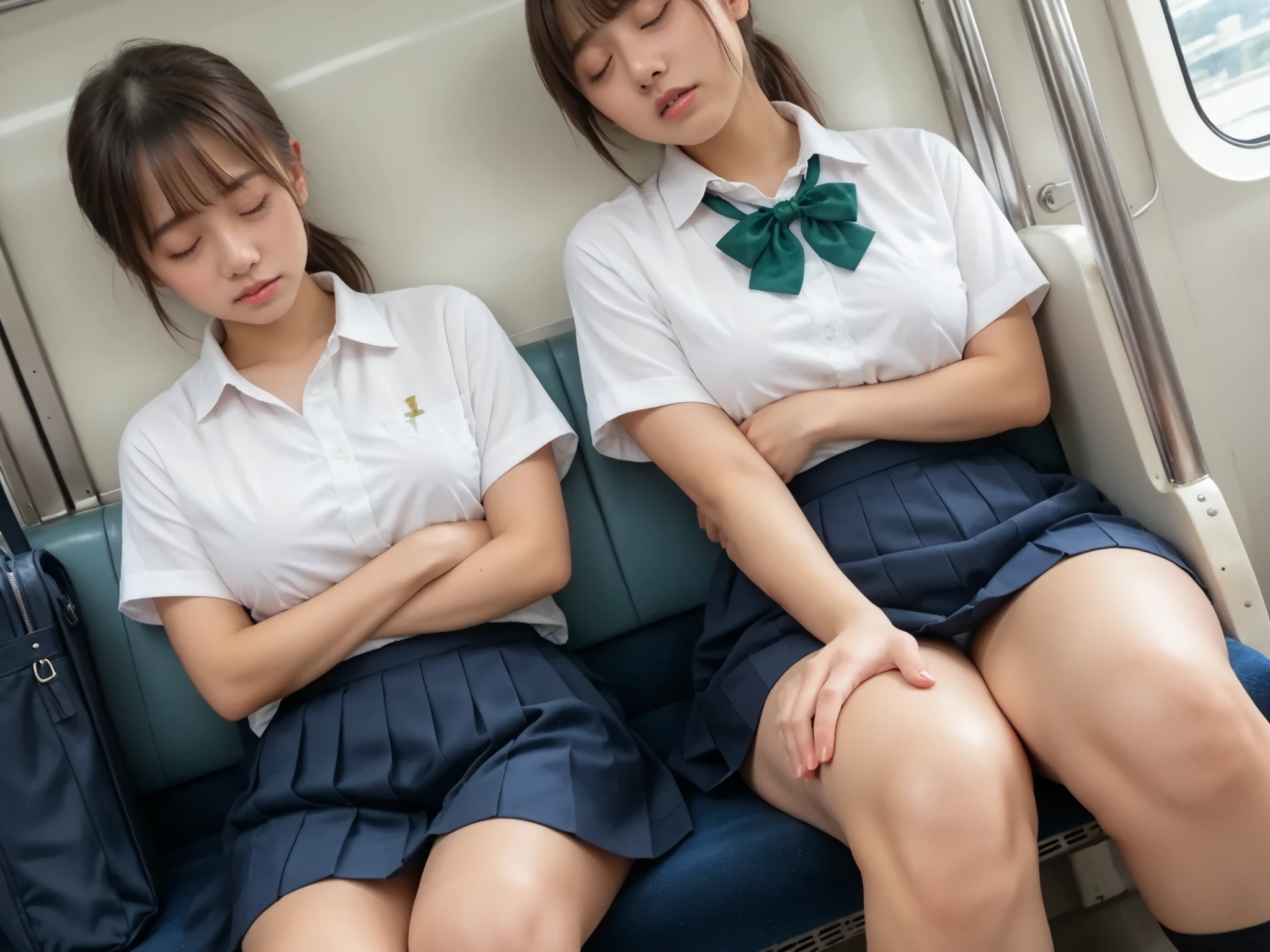 ((2girls)) in train, face look down, (Japanese girls), perfect face, highly detailed skin, best quality, very detailed face in, vibrant colors, ((Curvaceous body)), sleeping, close eyes, Brown Hair, ((green gingham ribbon on chest)), black socks, dark pleats skirt, highschool uniform, sit on train seat, wet seat, beautiful thighs, ((embarrassing)), (hide white panties:0.1), (Shiny thighs, ((detailed glossy thigh)), cross arms, (school bag on legs), loosely opened mouth, (((pov of long shot))), black short hair, brown ponytail hair, head on shoulder, (((dynamic angle)))