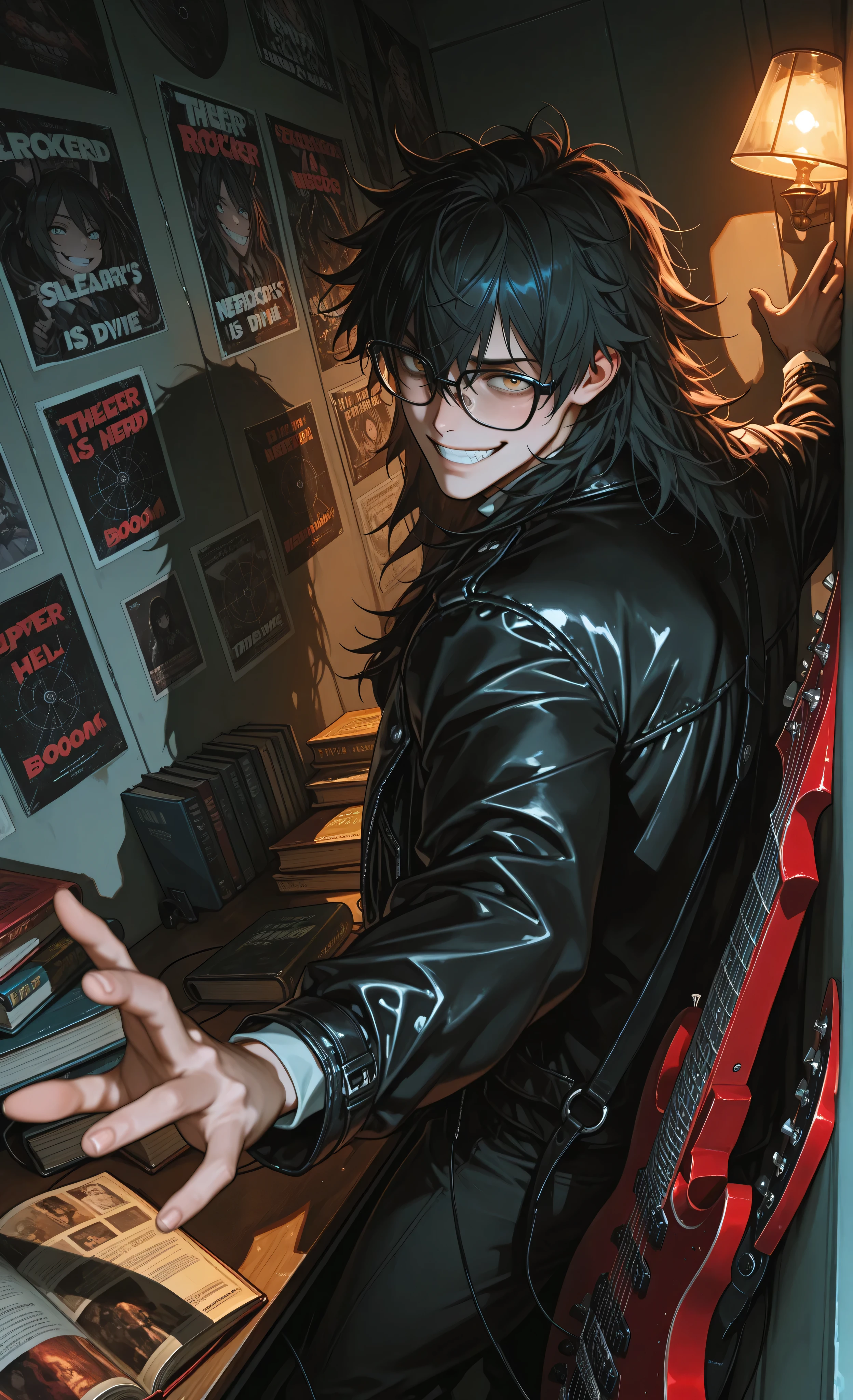 (moody lighting, dramatic shadows, bloom lighting, colored shadows, Ink Style, best quality, soft lines, clear details, masterpiece:1.3, 8k:1.3, Highest quality:1.3, detail:1.3, high resolution:1.3, digital painting, super detail),
(cinematic, dynamic angle, dutch angle),
**two young men (2male)** in a small shared bedroom, the room is (visually split into two halves:1.5),
**Rocker's side:** dark, messy, with (band posters:1.3), **(electric guitar leaning against wall:1.4)**, clothes on floor, dim lighting,
**Nerd's side:** bright, tidy, with (organized bookshelves:1.3), (model solar system on desk:1.2), neat bed, warm lamp light,
**(The rocker is leaning across the room's divide:1.5),** one foot still in his dark zone, (playfully stealing a book from the nerd's desk:1.4),
He has a (teasing grin:1.3), wearing leather jacket, messy hair,
The nerd is (half-standing, reaching for his book back with an exasperated expression:1.4), his glasses slightly askew,
Motion blur, dramatic lighting, (tense but playful atmosphere:1.3),
contrasting lifestyles, "odd couple" dynamic