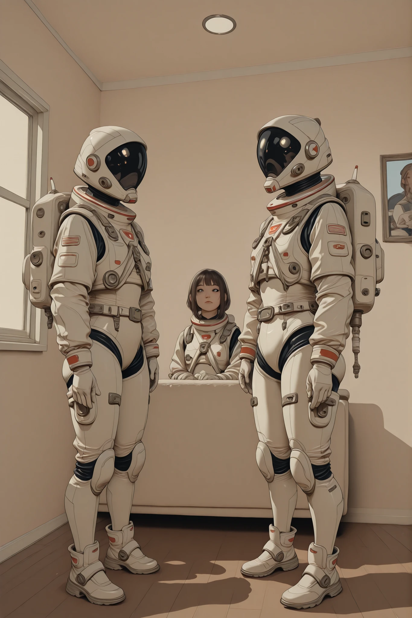 High Quality、greatest masterpiece、Ultra High Definition、future share house where girls in the rebellious period live、Girls standing behind looking out of a large living room window、outside the window is space、height difference、Mr.々Personality Type、spacesuits that are different for each、Beautiful Women、Three-dimensional composition, accurate ergonomic body depiction、precise interior depiction of the living room、spotlight lighting、vivid contrast between light and shadow、Brilliant Colors、immersive space、sharp detail、8K resolution、Realistic Textures、Cool surroundings 、Dinner Time、futuristic modern living room、Multiple Female Characters、different fashion styles、Precise equipment depiction、Indoor light source、living space、Young women、Co-living 、Subtle Sense of Distance