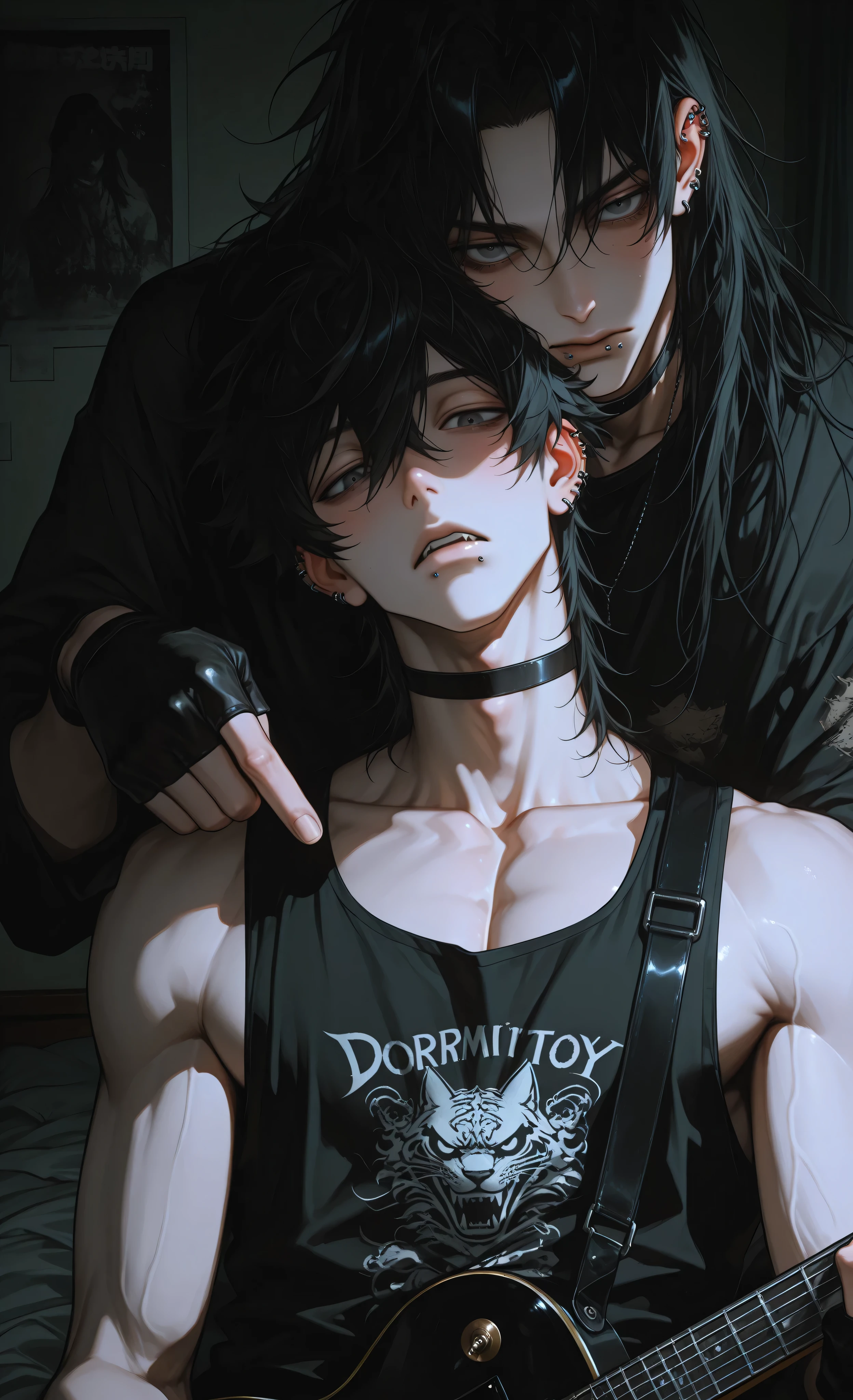 (moody lighting, dramatic shadows, bloom lighting, colored shadows, Ink Style, best quality, soft lines, clear details, masterpiece:1.3, 8k:1.3, Highest quality:1.3, detail:1.3, high resolution:1.3, digital painting, super detail),
(cinematic, medium shot, anime style),
**1 female and 1 male,** East Asian young adults, gothic punk aesthetic, pale skin, moody atmosphere,
**Female:** long black hair with bangs, rosy cheeks, black choker, (tank top with band print:1.2), black leather fingerless gloves, lip piercing, holding black electric guitar centered in frame,
**Male:** **(masculine features:1.4), sharp jawline, prominent Adam's apple,** long black hair, multiple facial piercings, black top, (eyes shadowed:1.3), positioned behind female resting head on her shoulder,
**Setting: (dormitory room:1.4),** small space, (messy bed in background:1.2), band posters on walls, clothes scattered, low ceiling,
**Composition:** upper body shot, focused on faces and guitar, guitar neck pointing towards viewer,
soft anime style, even lighting with dramatic shadows, rebellious atmosphere, intimate vibe,
