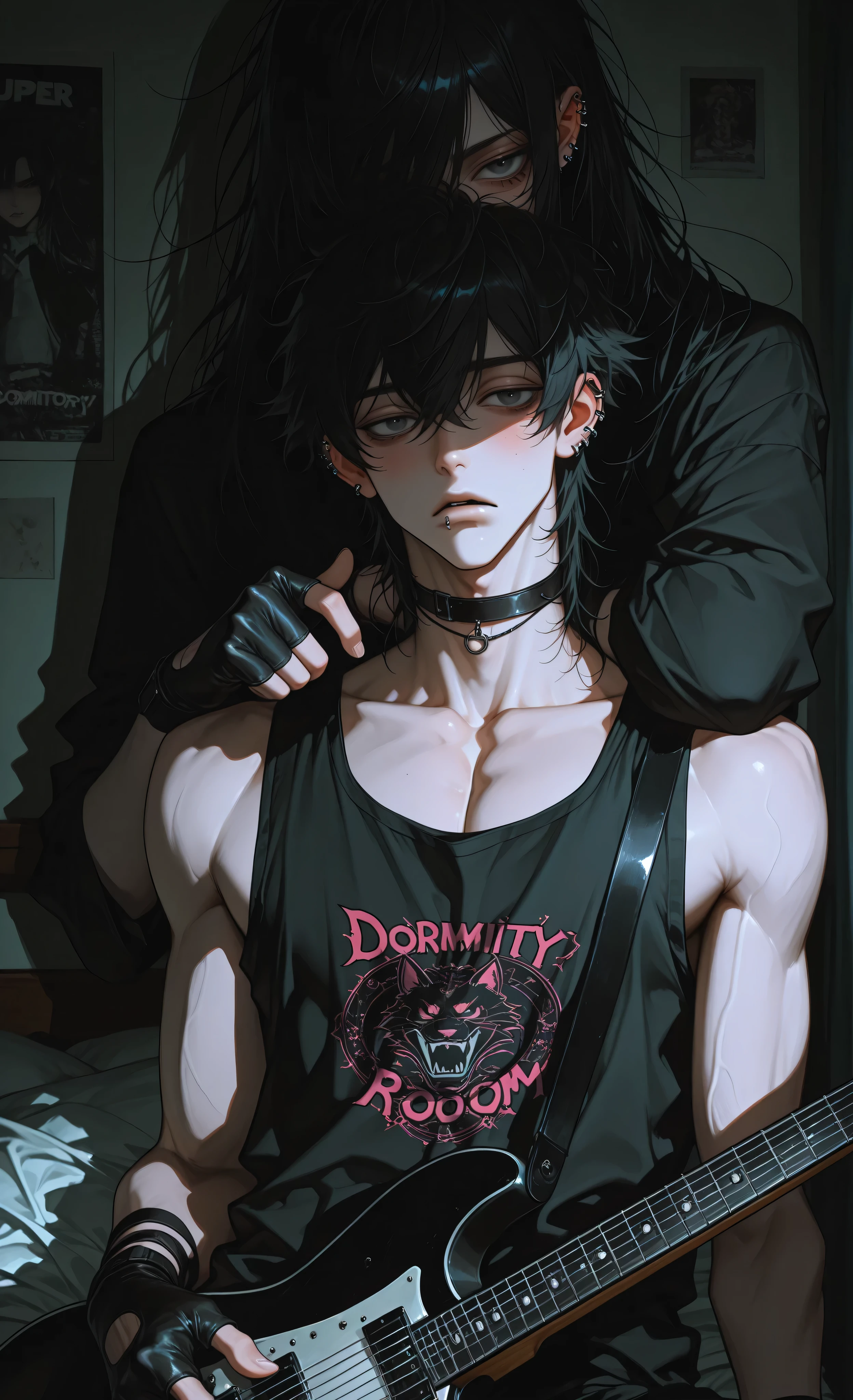 (moody lighting, dramatic shadows, bloom lighting, colored shadows, Ink Style, best quality, soft lines, clear details, masterpiece:1.3, 8k:1.3, Highest quality:1.3, detail:1.3, high resolution:1.3, digital painting, super detail),
(cinematic, medium shot, anime style),
**1 female and 1 male,** East Asian young adults, gothic punk aesthetic, pale skin, moody atmosphere,
**Female:** long black hair with bangs, rosy cheeks, black choker, (tank top with band print:1.2), black leather fingerless gloves, lip piercing, holding black electric guitar centered in frame,
**Male:** **(masculine features:1.4), sharp jawline, prominent Adam's apple,** long black hair, multiple facial piercings, black top, (eyes shadowed:1.3), positioned behind female resting head on her shoulder,
**Setting: (dormitory room:1.4),** small space, (messy bed in background:1.2), band posters on walls, clothes scattered, low ceiling,
**Composition:** upper body shot, focused on faces and guitar, guitar neck pointing towards viewer,
soft anime style, even lighting with dramatic shadows, rebellious atmosphere, intimate vibe,
