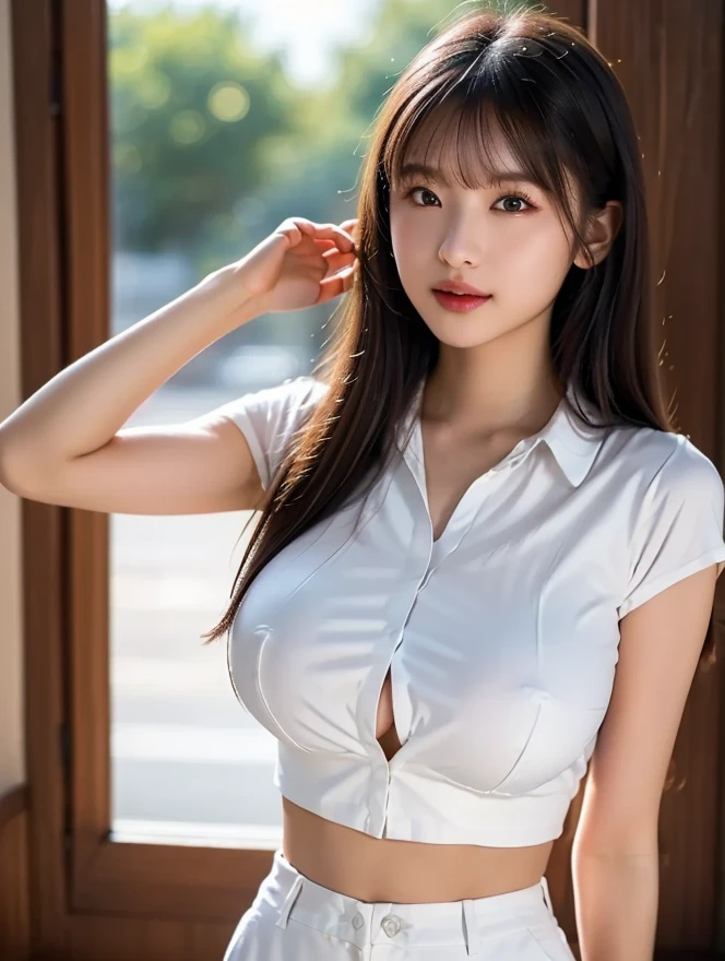 Haerin Woman, 1girl, solo, realistic, portrait, upper body, detailed face, oxford shirt, necktie, blazer, (high quality:1.4), (photorealistic:1.6), 8k, uhd, highres, absurdres, professional photo, highly detailed, detailed skin, masterpiece, (hyperrealism) "Top CG, the highest picture quality, masterpiece, delicate and delicate Bishōjo, ((185cm beautiful woman)), (tall and tall), Imperial sister, Queen temperament, white skin, exposed ?????, long legs, perfect facial features, bright eyes, red lips, beautiful and cold, (big breaks) ）, delicate luminous eyes, exposed navel clothes, red leather clothes, tight leather clothes, 4k picture quality, Cosmo Lady, modern city, realistic portraits,reality,photo,1girl,,ULTRA ????????????: 1.2, ((???????????: 1.2),
