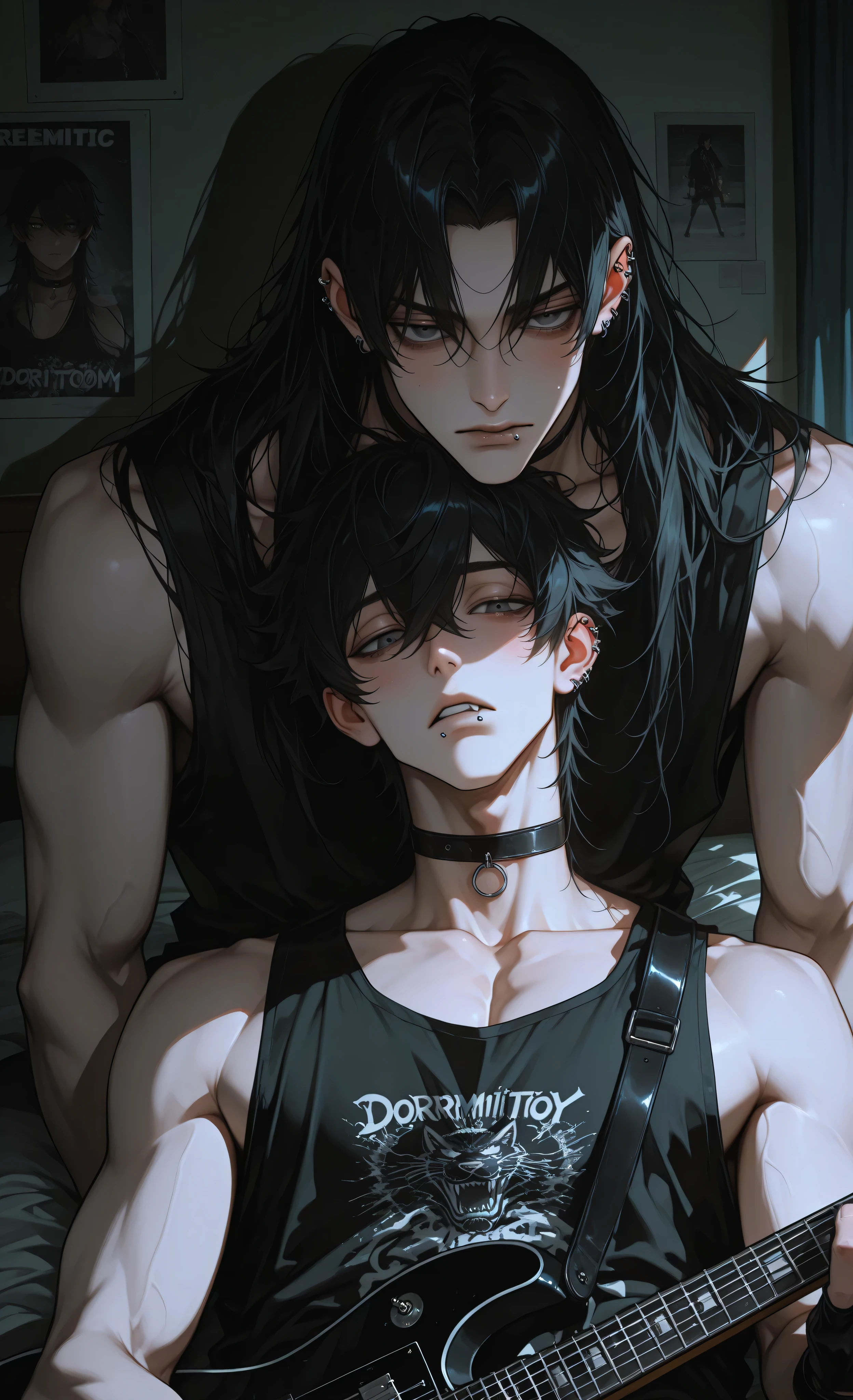 (moody lighting, dramatic shadows, bloom lighting, colored shadows, Ink Style, best quality, soft lines, clear details, masterpiece:1.3, 8k:1.3, Highest quality:1.3, detail:1.3, high resolution:1.3, digital painting, super detail),
(cinematic, medium shot, anime style),
**1 female and 1 male,** East Asian young adults, gothic punk aesthetic, pale skin, moody atmosphere,
**Female:** long black hair with bangs, rosy cheeks, black choker, (tank top with band print:1.2), black leather fingerless gloves, lip piercing, holding black electric guitar centered in frame,
**Male:** **(masculine features:1.4), sharp jawline, prominent Adam's apple,** long black hair, multiple facial piercings, black top, (eyes shadowed:1.3), positioned behind female resting head on her shoulder,
**Setting: (dormitory room:1.4),** small space, (messy bed in background:1.2), band posters on walls, clothes scattered, low ceiling,
**Composition:** upper body shot, focused on faces and guitar, guitar neck pointing towards viewer,
soft anime style, even lighting with dramatic shadows, rebellious atmosphere, intimate vibe,