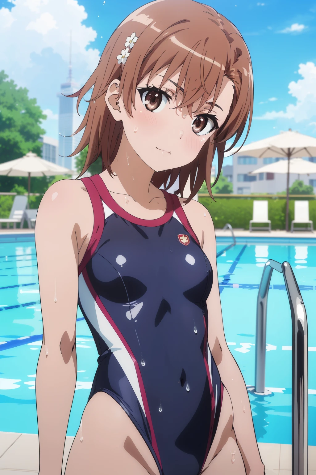 (masterpiece, best quality, high resolution, 8k:1.2), (anime coloring:1.4), (perfect character design:1.4), official art, highly detailed CG Unity 8K wallpaper, perfect face, perfect eye, perfect hair style, perfect body, beautiful body, beautiful skin, beautiful breasts, beautiful legs, beautiful hands, perfect hands, beautiful face, beautiful eyes, symmetrical eyes, slim body, (1 girl), (misaka mikoto, brown eyes), (small breasts), (brown hair, short hair, bangs, eyebrows visible through hair, hairpin), (leotard swimsuit, thighs, wet, wet hair, blush, pool, blue sky), (dutch angle), looking at the viewer, (upper body:1.3),