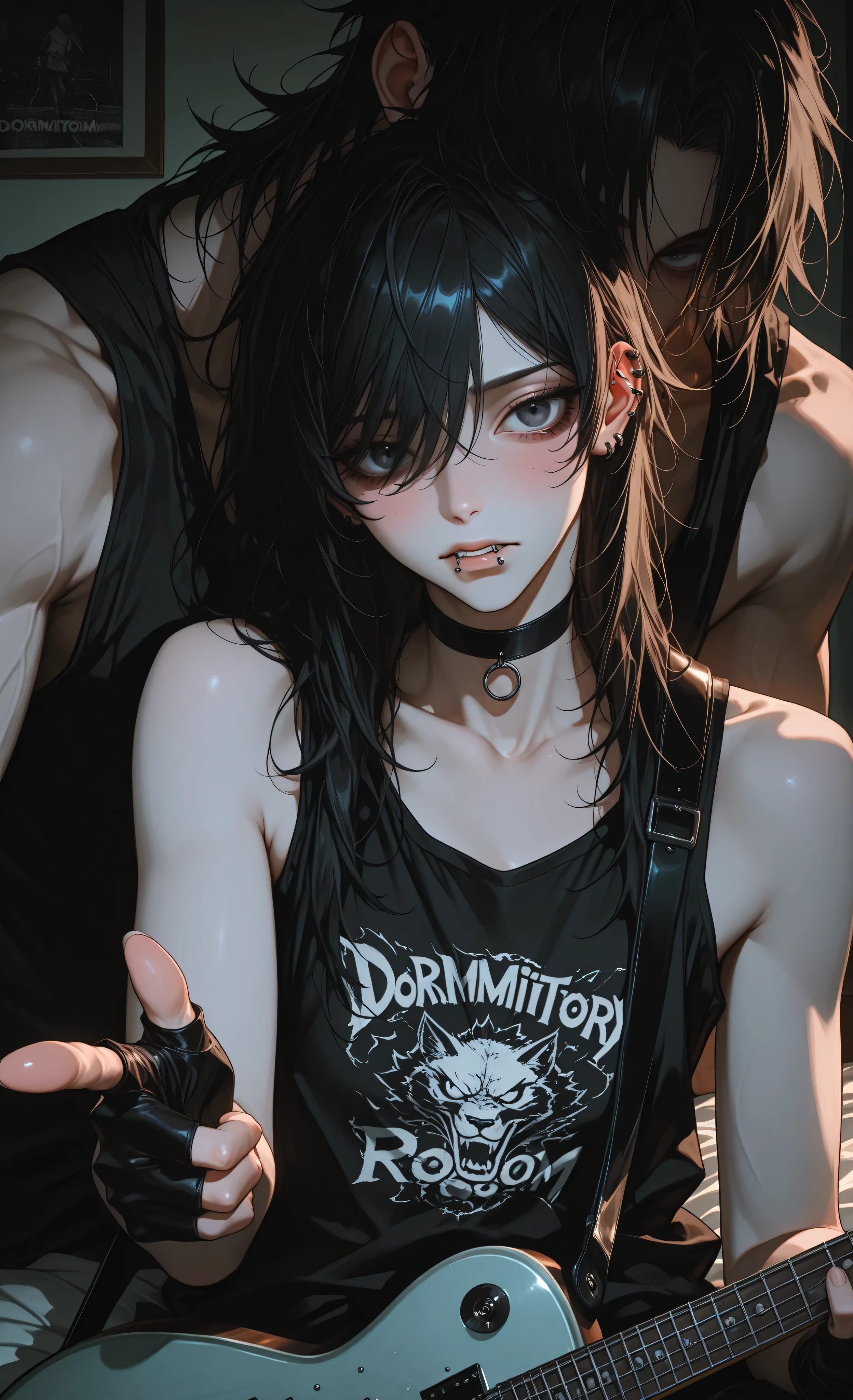 (moody lighting, dramatic shadows, bloom lighting, colored shadows, Ink Style, best quality, soft lines, clear details, masterpiece:1.3, 8k:1.3, Highest quality:1.3, detail:1.3, high resolution:1.3, digital painting, super detail),
(cinematic, medium shot, anime style),
**1 female foreground, 1 male background,** East Asian young adults, gothic punk aesthetic, pale skin, moody atmosphere,
**Female character (main focus):** long black hair with bangs, rosy cheeks, feminine features, black choker, (tank top with band print:1.2), black leather fingerless gloves, lip piercing, holding black electric guitar centered in frame,
**Male character (secondary):** (masculine features:1.4), sharp jawline, prominent Adam's apple, long black hair, multiple facial piercings, black top, (eyes shadowed:1.3), positioned behind female resting head on her shoulder,
**Setting: (dormitory room:1.4),** small space, (messy bed in background:1.2), band posters on walls, clothes scattered, low ceiling,
**Composition:** upper body shot, focused on faces and guitar, guitar neck pointing towards viewer,
soft anime style, even lighting with dramatic shadows, rebellious atmosphere, intimate vibe,
