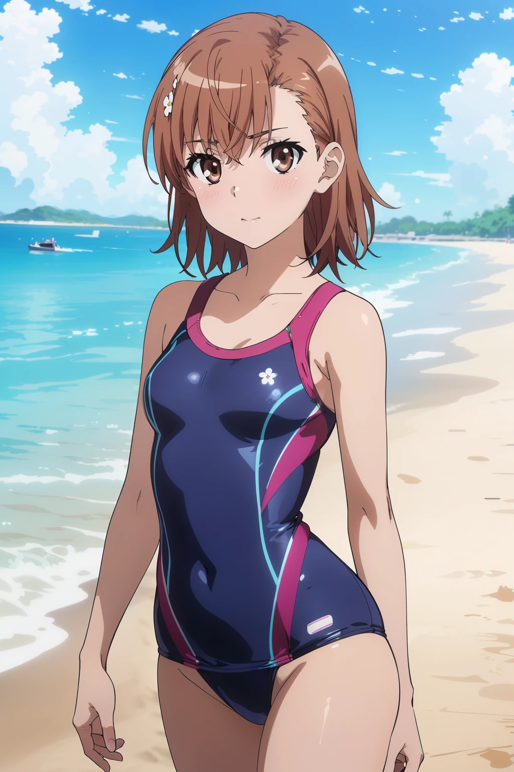 (masterpiece, best quality, high resolution, 8k:1.2), (anime coloring:1.4), (perfect character design:1.4), official art, highly detailed CG Unity 8K wallpaper, perfect face, perfect eye, perfect hair style, perfect body, beautiful body, beautiful skin, beautiful breasts, beautiful legs, beautiful hands, perfect hands, beautiful face, beautiful eyes, symmetrical eyes, slim body, (1 girl), (misaka mikoto, brown eyes), (small breasts), (brown hair, short hair, bangs, eyebrows visible through hair, hairpin), (Beach, blue sky, (floral pattern swimsuit:1.3), thighs, blush), dutch angle, looking at the viewer, (cowboy shot:1.3)