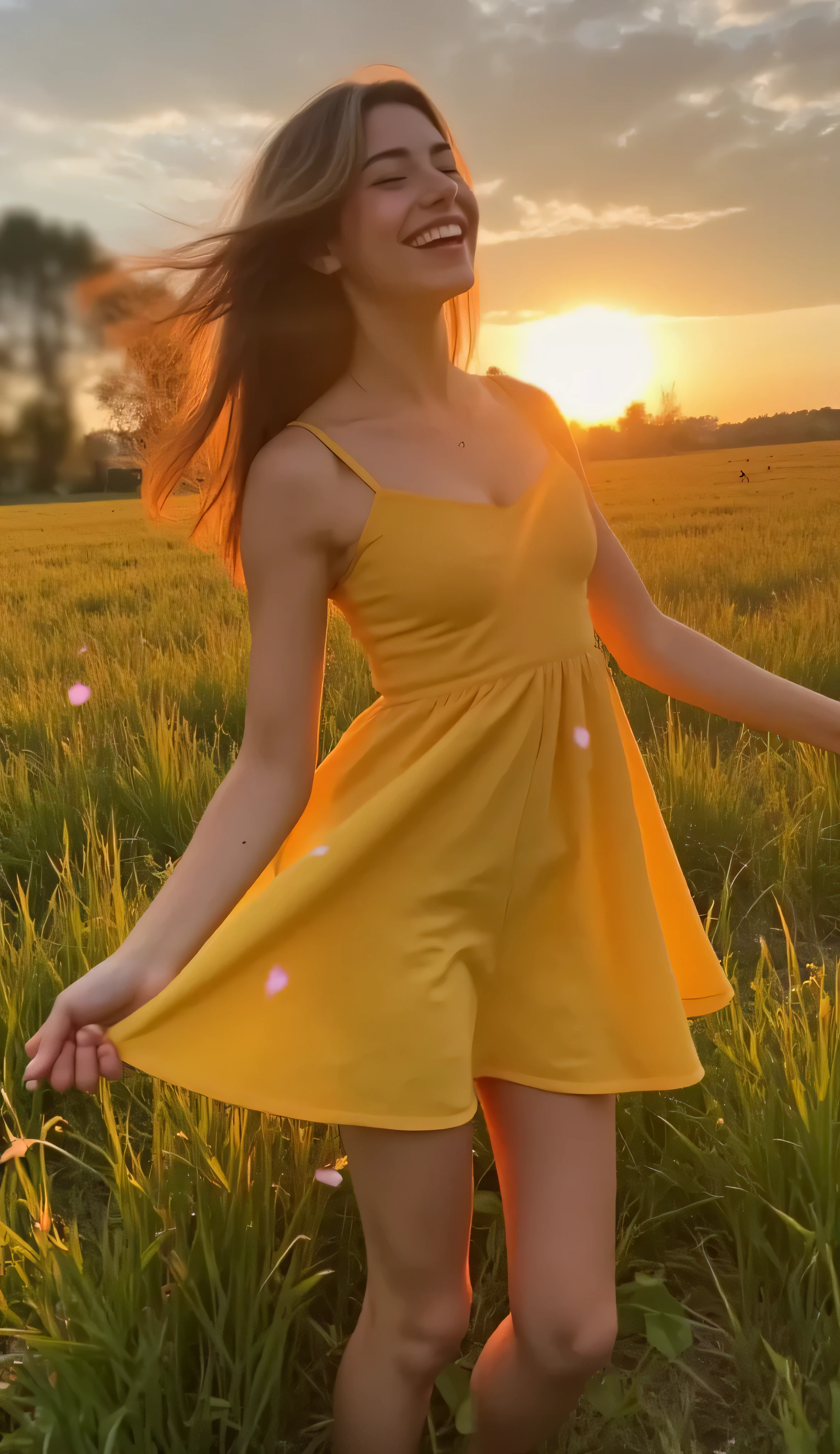 A young woman in a yellow sundress spins slowly in a field of tall grass, laughing as petals from nearby flowers drift around her. The golden sunset bathes the scene in warmth, and her loose hair flows in the wind. Painted in a dreamy, romantic style, with soft natural lighting, vivid color blending, and a shallow depth of field. Ultra-detailed rendering, cinematic framing, 8k resolution.