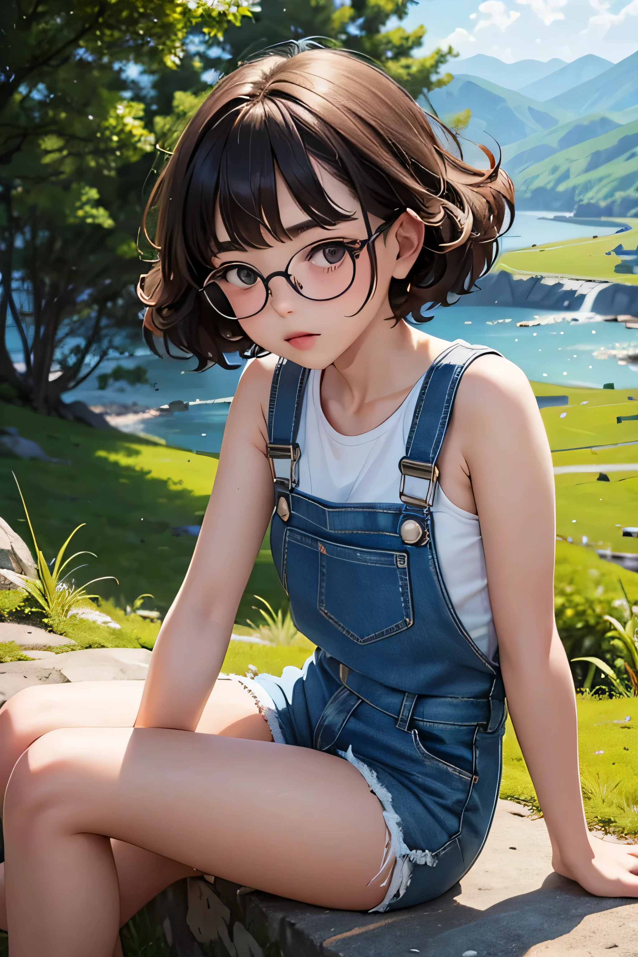 of the highest quality,masterpiece,of the highest quality,(Popart style),flat color,funny, honor student, s,Glasses,short length,Curly hair, Brown hait, romantic, blunt bangs,thick eyebrows,Girl wearing an demin overalls shorts、tank top, lying down with a cute round-eyed catoccasion,barefoot, Sitting and moving her legs on a mountain and a river below...., distant mountains.sharp,An illustration:Don't read,