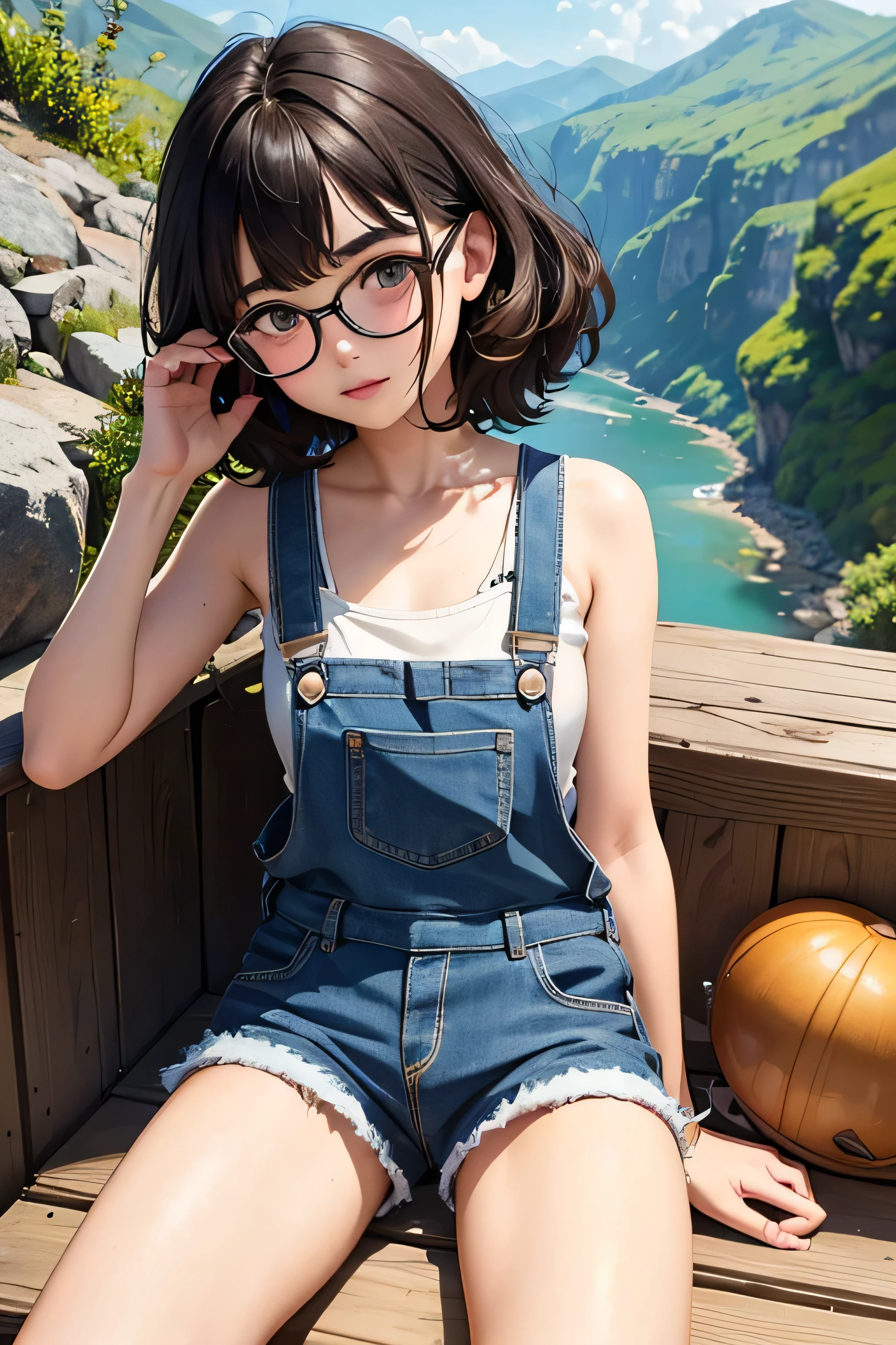 of the highest quality，masterpiece，of the highest quality，(Popart style),flat color，funny, honor student, s，Glasses，short length，Curly hair, Brown hait, romantic, blunt bangs，thick eyebrows，Girl wearing an demin overalls shorts、tank top, lying down with a cute round-eyed catoccasion，barefoot, Sitting and moving her legs on a mountain and a river below....， distant mountains.sharp,An illustration：Don't read,