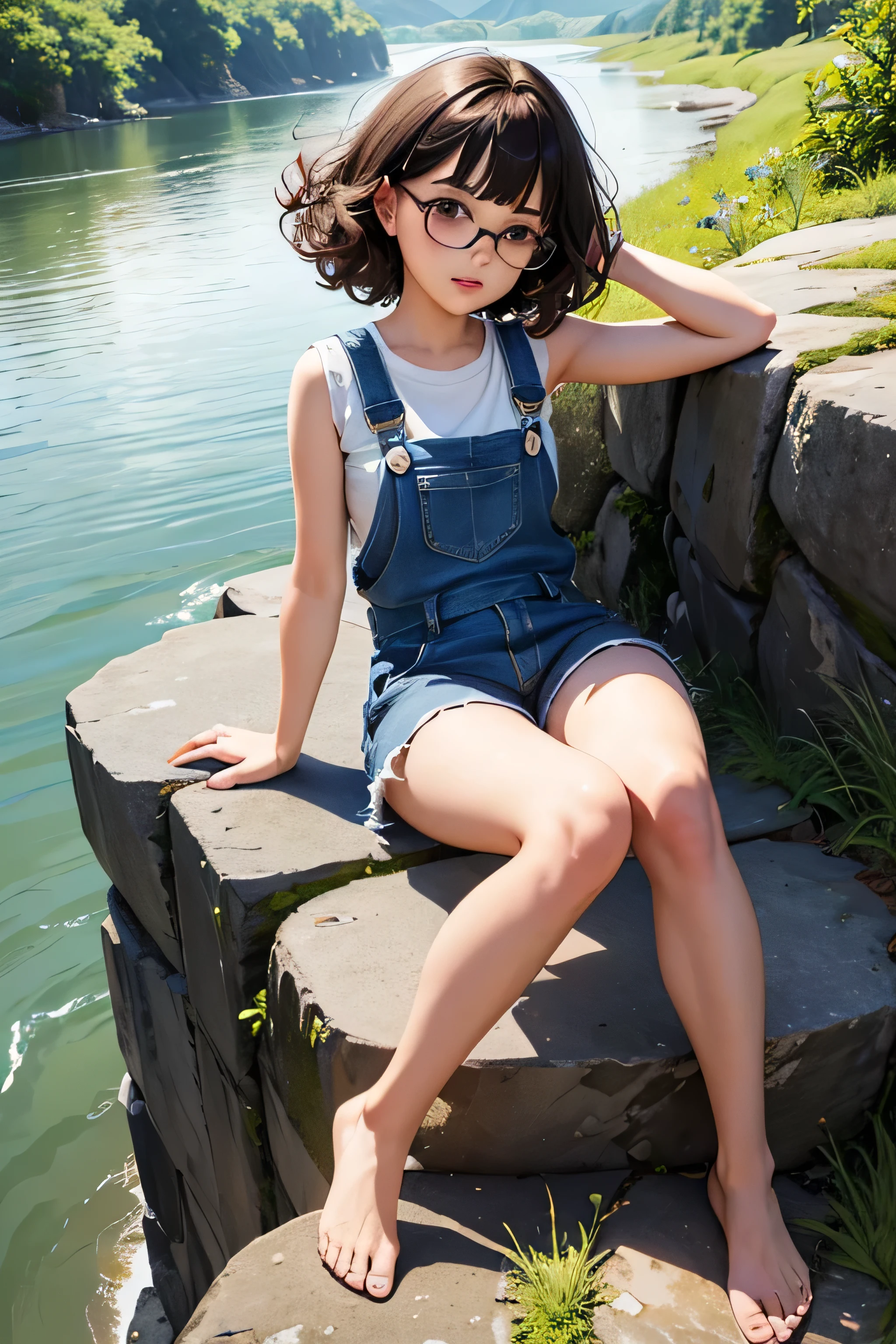 of the highest quality,masterpiece,of the highest quality,(Popart style),flat color,funny, honor student, s,Glasses,short length,Curly hair, Brown hait, romantic, blunt bangs,thick eyebrows,Girl wearing an demin overalls shorts、tank top, lying down with a cute round-eyed catoccasion,barefoot, Sitting and moving her legs on a mountain and a river below...., distant mountains.sharp,An illustration:Don't read,