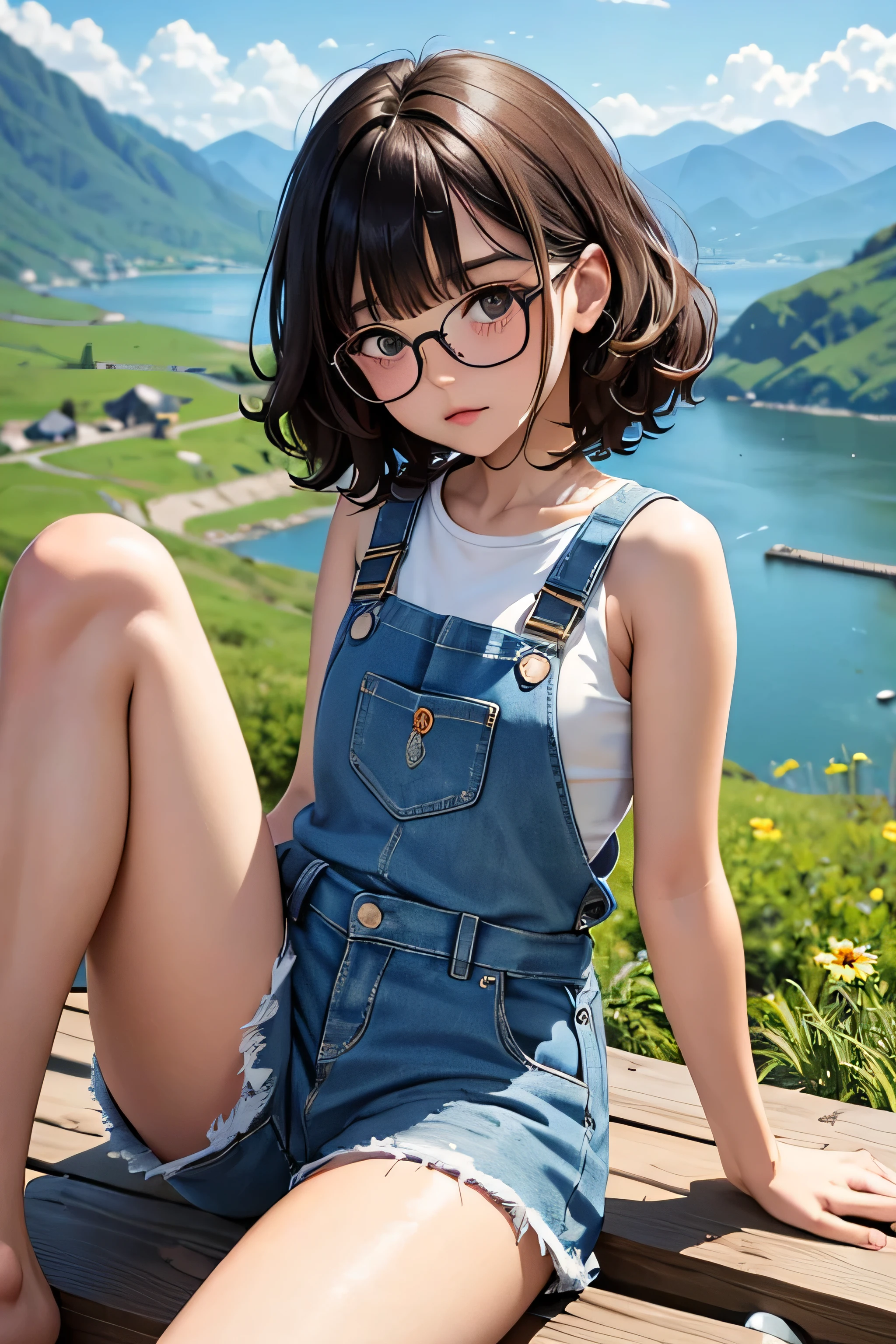 of the highest quality，masterpiece，of the highest quality，(Popart style),flat color，funny, honor student, s，Glasses，short length，Curly hair, Brown hait, romantic, blunt bangs，thick eyebrows，Girl wearing an demin overalls shorts、tank top, lying down with a cute round-eyed catoccasion，barefoot, Sitting and moving her legs on a mountain and a river below....， distant mountains.sharp,An illustration：Don't read,