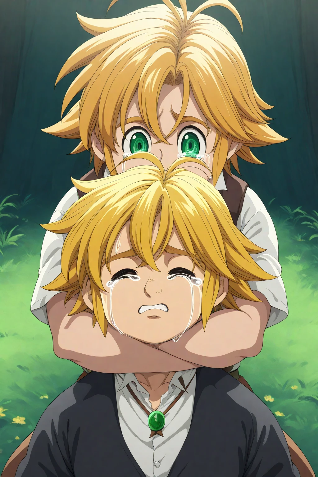 ((((1  Old Man、That guy is muscle、The man is standing behind the girl、The uncle has dark skin、The old man is 、The man is 30cm taller than the girl.、))))、(((((The man is hugging the girl  and pampering her.))))),Blue clothes, White ribbon, White sleeves, Long sleeve, White shirt, Black Shirt,Norn_Greyrat,bangs, Blonde Hair,Long Hair,Yellow-green eyes,Ahoge,Side Lock,blunt bangs hair flaps,Low Ponytail, score_9, score_8_superior, score_7_superior, score_6_superior, score_5_superior, score_4_superior, break,1 growing girl, 最high quality, masterpiece, Super detailed, high quality,good quality,1 girl,(masterpiece,High resolution, Super detailed,8K,16K),View the viewer