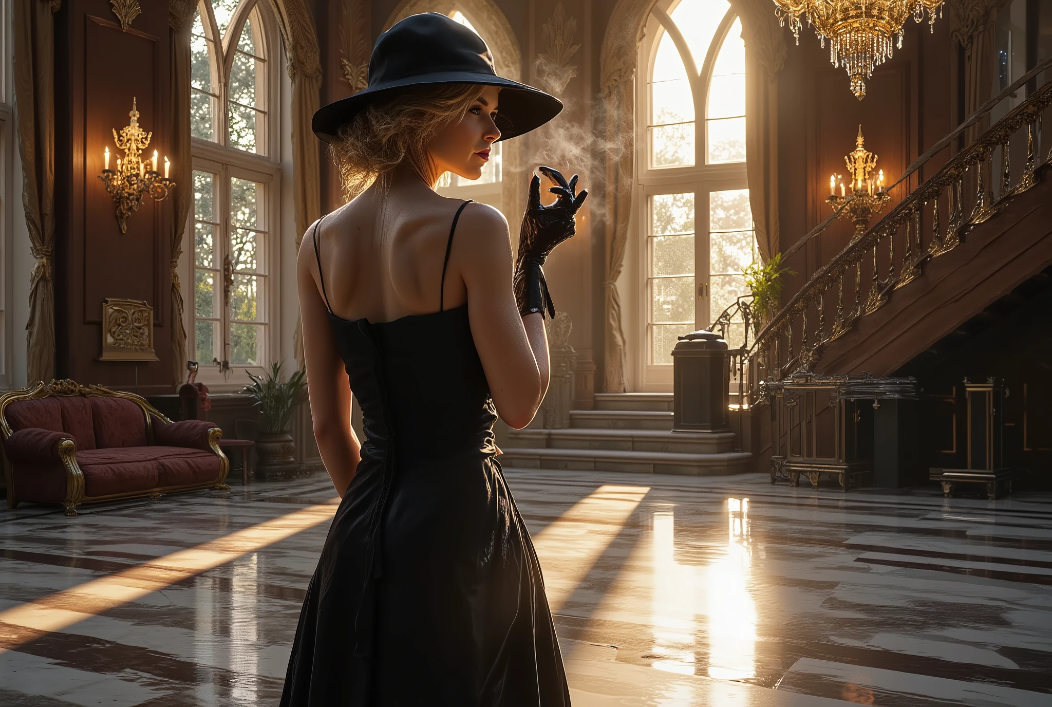 A cinematic, ultra-realistic scene inside Eleanor Grant’s luxurious mansion. Eleanor stands gracefully on the grand staircase, wearing the same elegant black dress and hat as in the reference image. Her posture exudes power and mystery, one hand gently holding a cigarette as thin smoke curls into the golden air. The warm afternoon light filters through the tall arched windows, casting dramatic shadows on the polished marble floor. Ornate chandeliers glitter above, highlighting the rich wooden walls, velvet furniture, and gold-trimmed details of the mansion. The atmosphere feels tense and cinematic, as if moments before an important encounter. Camera positioned slightly below, capturing Eleanor from a lower angle on the stairs, emphasizing her authority and allure — 16:9 aspect ratio, ultra-detailed face and hands, photorealistic texture, flawless anatomy, cinematic lighting.