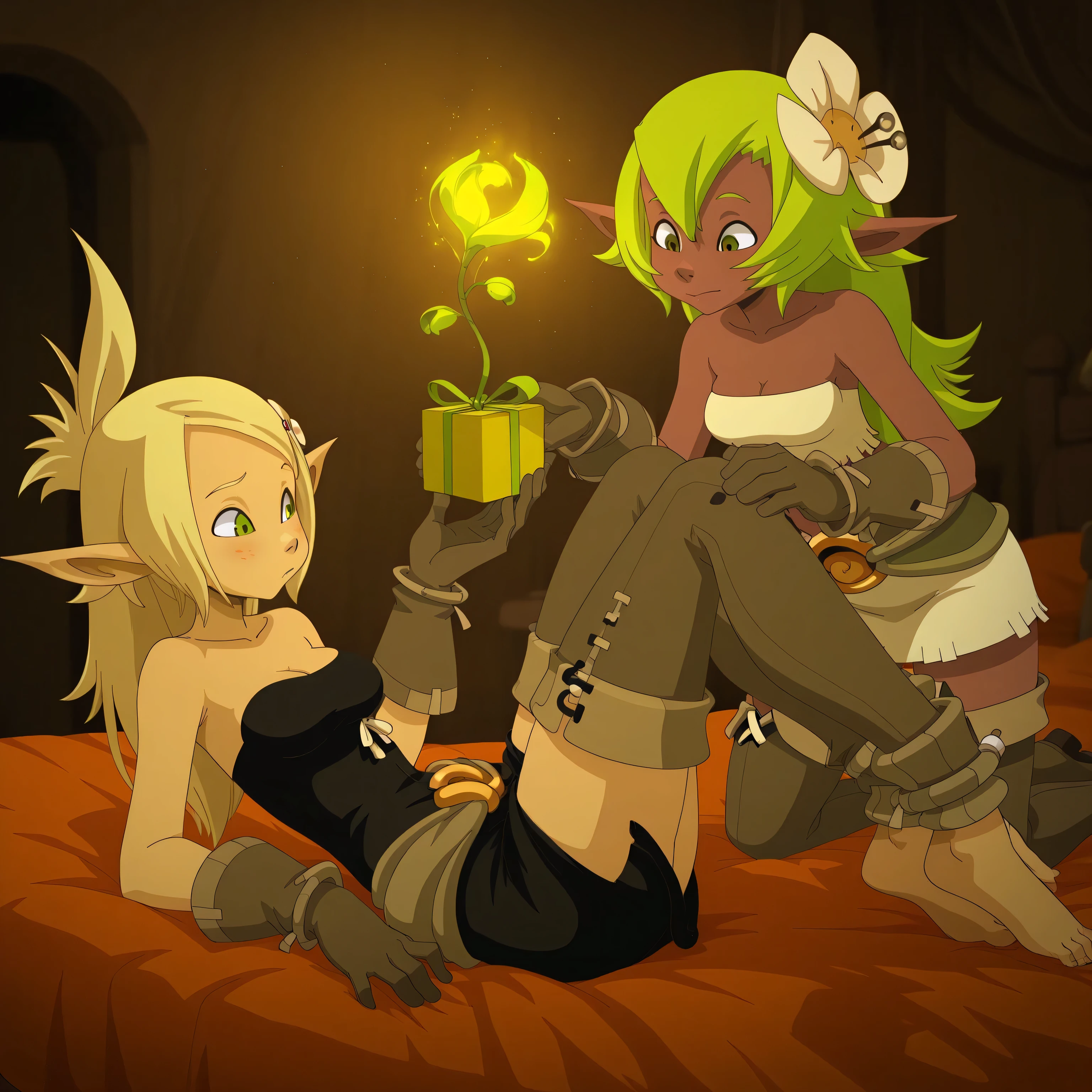 detailed background, detailed foreground, detailed clothing, detailed hair, detailed eyes, detailed skin, skin folds,shadow, stylized, masterpiece, best quality, nsfw,masterpiece, best quality, amazing quality,very aesthetic, absurdres,starry mist, faint pulses, ultra-detailed, neon colors, depth of field, cinematic lighting, high contrast, lunar glow, sharp outlines, rich details, celestial seduction, vibrant colors, high contrast, dynamic light, warm glow, sharp outlines, rich details, in a bedroom,sfw,2 girls,amalia giving gift to evangelyne, 1girl, brown eyes, green hair, long hair, hair flower, hair ornament, dark skin, dark-skinned female,,, skirt, cleavage, bare shoulders, barefoot, strapless, anklet, bandeau, tube top, ankle wrap,giving a plant,giving gift to 1girl, green eyes, pointy ears, elf, folded ponytail, blonde hair, hairclip, hair ornament,,, brown thighhighs, gloves, dress, bare shoulders, zettai ryouiki, thigh boots,