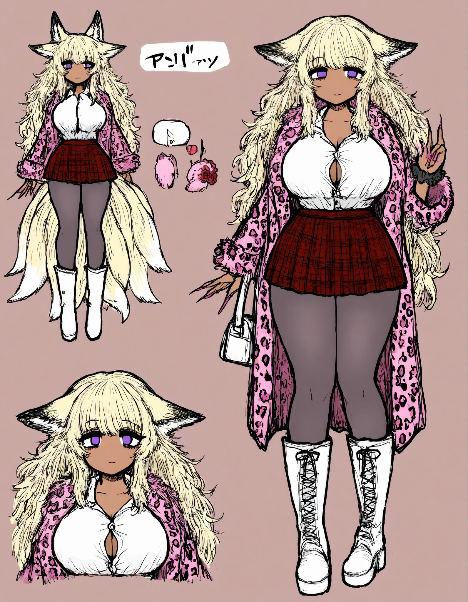 (masterpiece), best quality, 1girl, perfect face,curvy body,(cute face), gyaru girl,huge round breasts,wide hips,thick thighs, tight buttons shirt,pudgy belly,pink furs long coat, leopard print coat ,Button shirt gap, red plaid skirt, wrist scrunchie, long fingernails,fow ears,kitsune , kitsune girl , kitsune ears , fluffy fox tails , 9 tails , pink nails,dark tan skin,purple eyes,long hair, frizzy hair, platinum blonde hair,handbag, rose pantyhose, white lace boots,cowboy shot,white background, reference sheet, multiple views, character sheet,black souls style