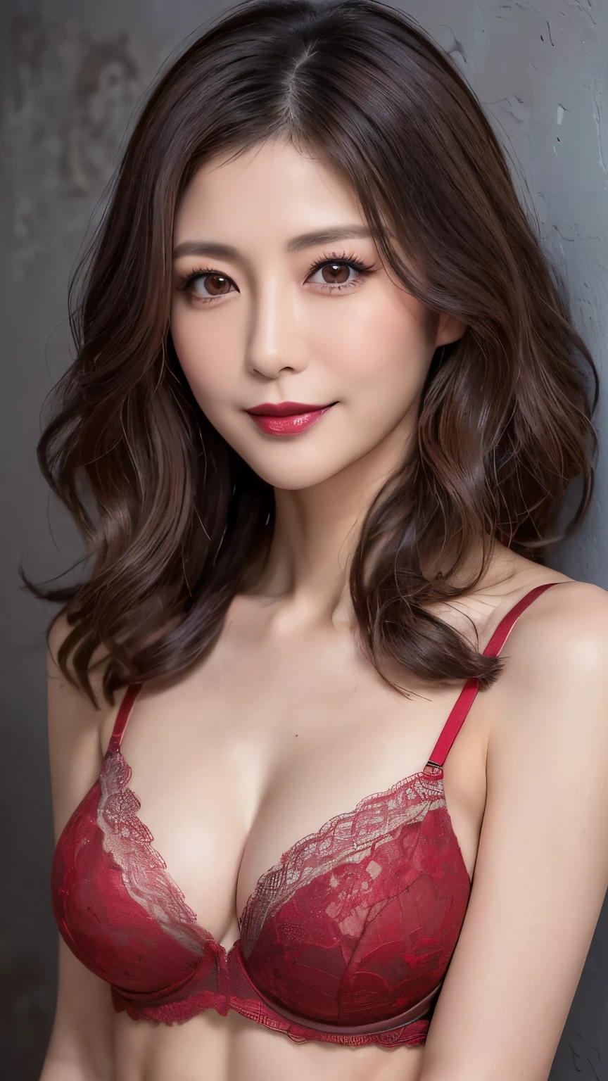 very detailed, masterpiece , Highest Quality, (( realistic)) 、(( mature 40 year old Japanese woman:1.3)) 、prominent big nose、beautiful detailed eyes 、((Makeup、Lipstick))、(()), ( Slim, skinny body:1.5)、((light brown hair、big wave medium hair )), Elegant and sophisticated 、(( from waist to head with camera ))、((dark grey and red lace bra))、((dark wall background ))、((Smile))、Professional Cool Lighting、