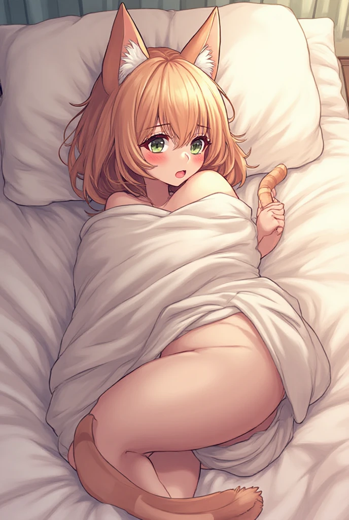 Japanese animation style、Create a digital illustration of an adult elf woman sleeping in a large bed、She is wearing a rather large shirt.、Relaxed facial expression、Long, loosely wavy blonde hair、Sleeping with her pet Shiba Inu、The Shiba Inu needs to sleep curled up next to her.、No sheets、Dappled sunlight coming through the window、The soft morning light shines in、Calm atmosphere、Detailed and clear drawing、Warm and gentle colors、Drawing from a top-down perspective