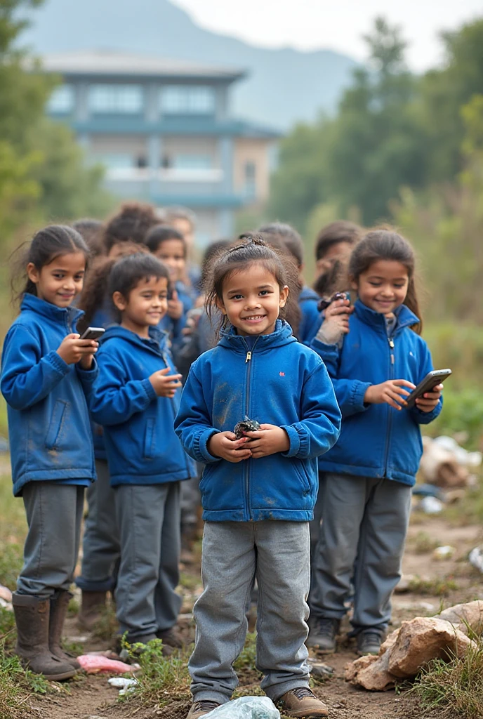 Creates an image of children from a school wearing blue uniforms and ...
