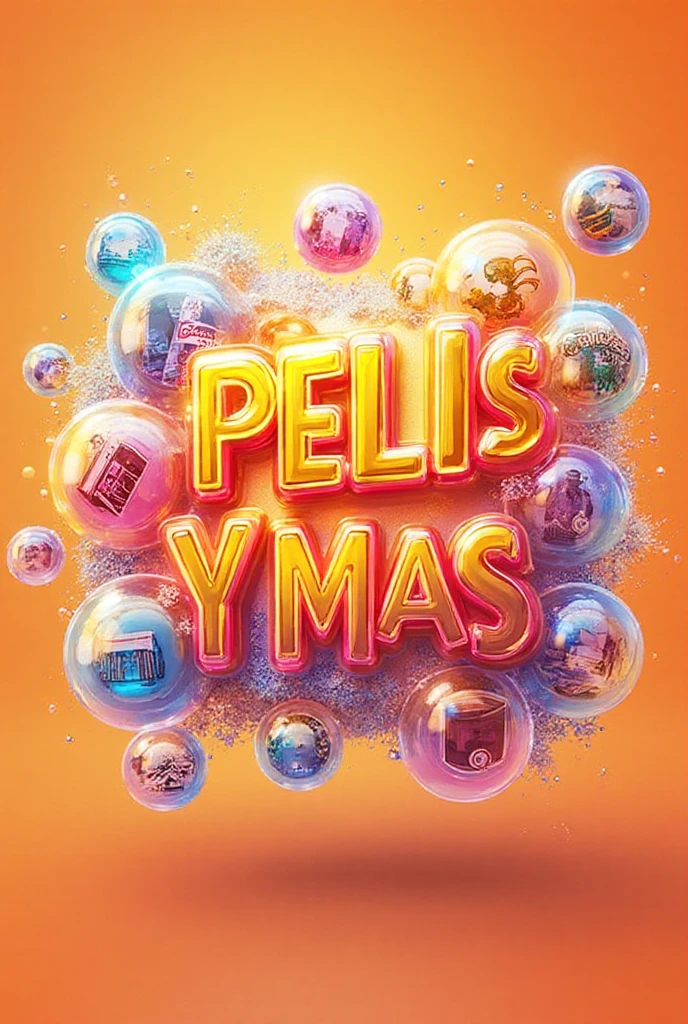 Modern digital illustrative collage with vivid colors and floating translucent bubbles.
In the center, large and bright text that says PELIS Y MAS.
around, bubbles with movie icons, Music, books,  games and more .
Modern digital style with reflections, glitters and soft 3D effect.
Orange background depending on version.
balanced composition, artistic and cheerful, square format 1080x1080 px.