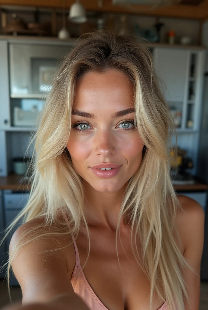Créer un selfi réaliste d'une femme de 20 ans, Longs cheveux blonds, Des yeux bleu-vert vêtus vêtement bien habiller et ????, sourire réaliste, dans différentes pièce de la maison, selfi 