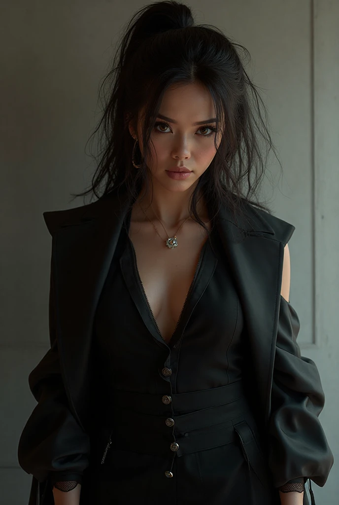 ((best quality)), ((masterpiece)), (detailed), perfect face, Envision an art drawing of a bewitching gothic female with dark purple hair styled in a sophisticated updo, her eyes adorned with smoky eyeshadow and dramatic eyeliner. Her dark robe, tailored to accentuate her curves, exudes an air of confidence and allure. Use a dimly lit, candlelit setting to enhance her mysterious charm.