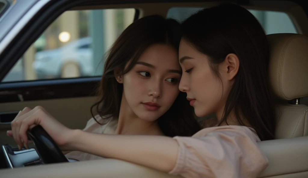 Two women, arm around the neck, sleeping inside a car 