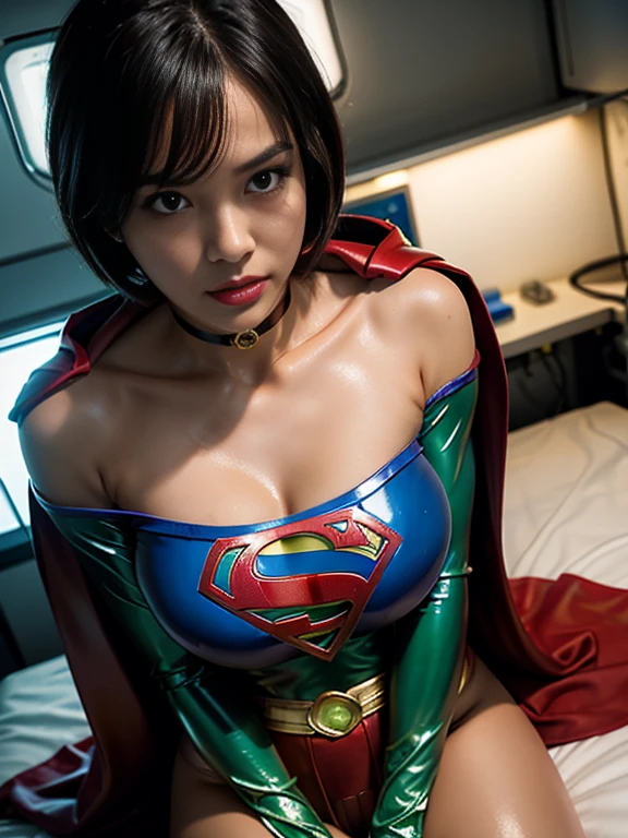 masterpiece、supergirl costume、short hair、barefoot、big and full breasts、Laboratory、operating table、legs crossed、Oily Skin、shiny、look at the camera、Sexy poses to seduce、model body shape、choker、long sleeve、red 、Cowgirl、Estrus、sweaty、Radical、off shoulder、Glamorous、charm、Fascinating、