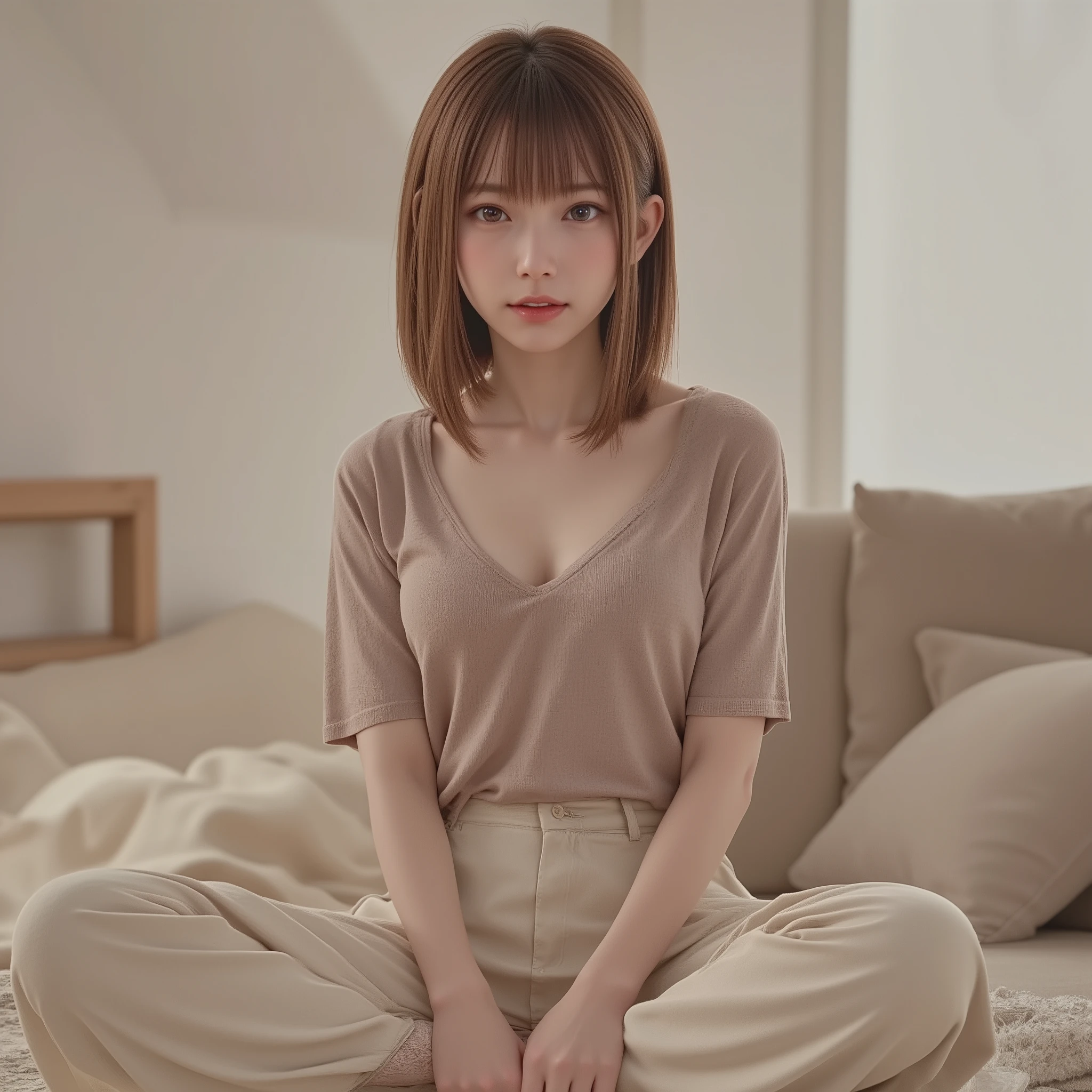 masterpiece, detailed, high resolution, 8k, photo realistic, looking away Tees short hair pants sitting Indian style sitting living room simple background