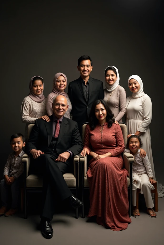 An Indonesian family studio photograph consisting of 8 people, a 57-year-old father and mother sitting in chairs holding a 3-year-old daughter, next to them a 31-year-old woman, behind them there are 3 adult men and a 12-year-old teenager, all dressed in blue formal suits and dresses, background in a studio with blue abstract patterned walls, flower vase, side table, photography, good lighting, fresh colors, 8k, warm family 