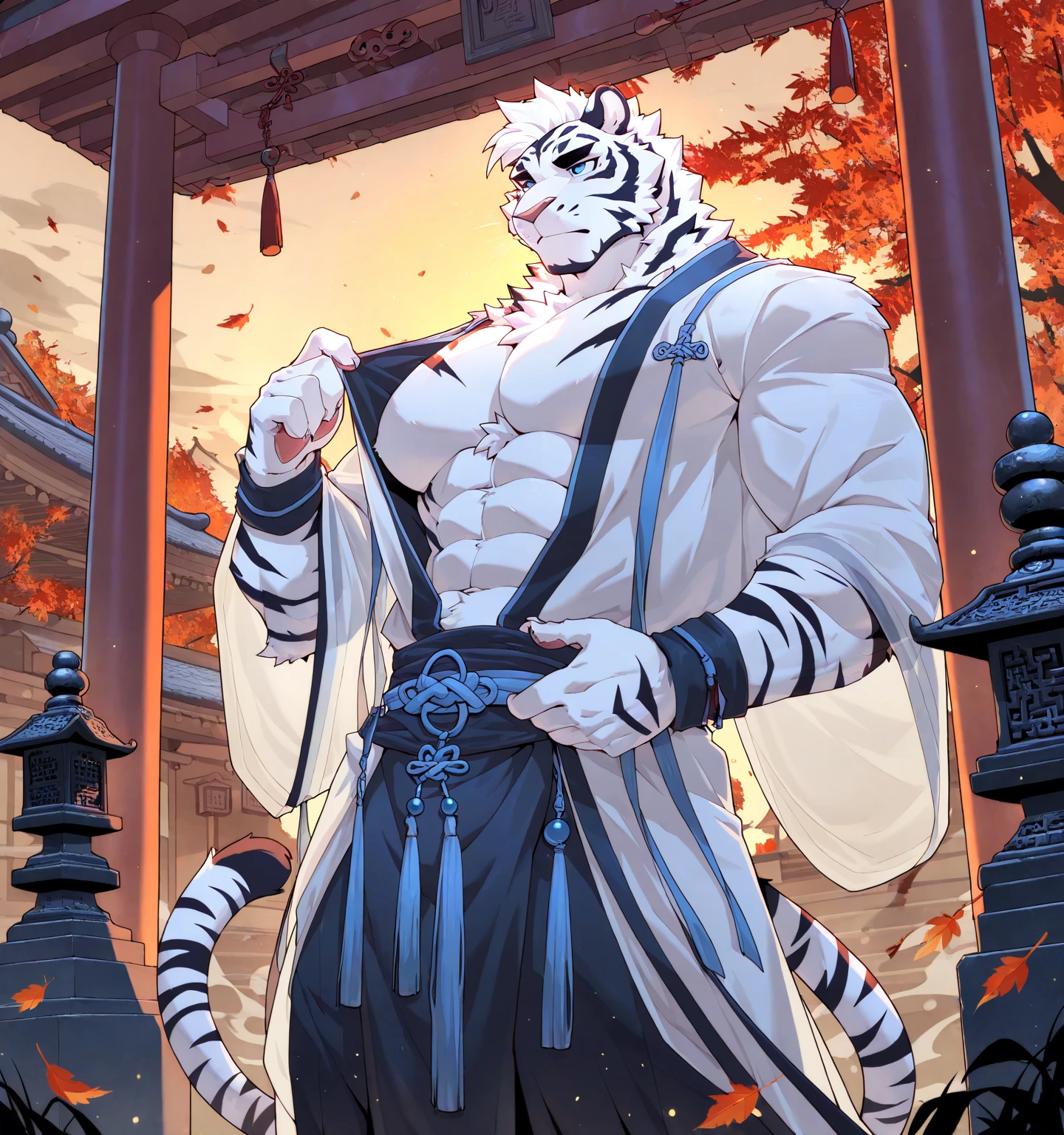 （morning）， the white tiger， 独奏， looking at viewert， 夏天， ssmile，muscle men，sbeard，Middle age，Kimono with white，（avas）black kimono，Traditional Chinese clothing，Quality，full-color，extremy detailed，stud earring， Ring，close-up all over the body，Exquisite painting style，Bulge，detailed 