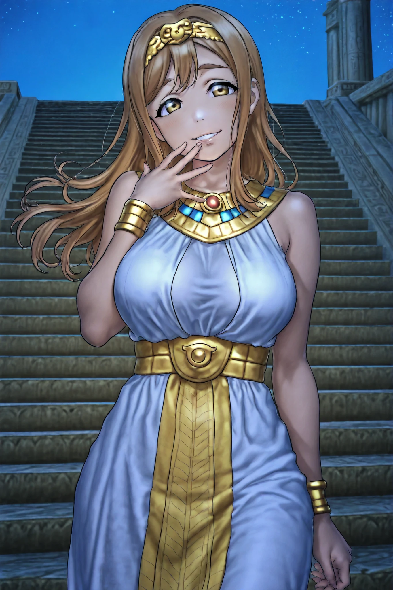rukia,front view,professional art, highres, hdr, silky hair, detailed clothing, vibrant colors, kunikida hanamaru , Egyptian dress, tiara,flowing hair, upper body,elegant Egyptian accessories, cowboy shot, outdoors,skirt ,stairs , night , large breasts ,hand near mouth,(evil smile:0.8)