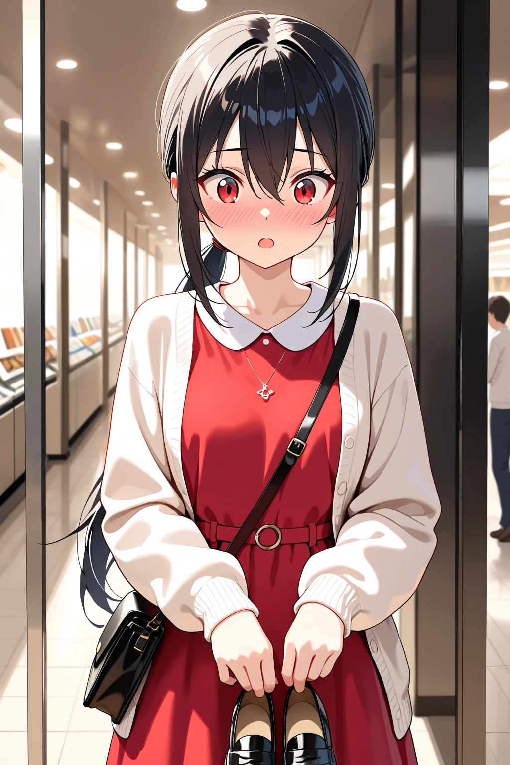 A cute girl with a long black ponytail with red eyes, in a shopping mall with a baggy shirt and a long skirt