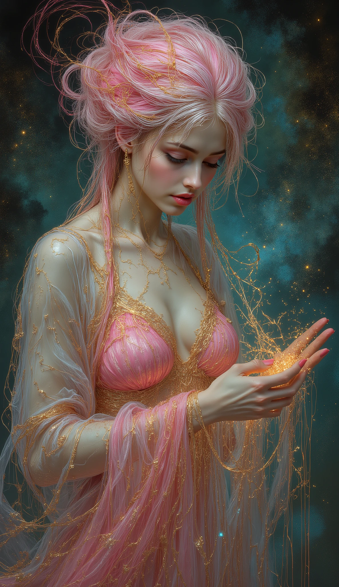 Side View with Focused Masterpiece. A surreal depiction of a sweet goddess weaving with her hands the fabric of reality with multi-dimensional threads of light and shadow ((defined entirely by flowing colorful line contours, elegant continuous lines shaping body posture)). Abstract, ethereal, and dreamlike. Her transparent pink slip is translucent and shimmering in soft lights. Soft, glowing illumination, pastel color palette, digital painting, concept art, experimental digital art, intricate details, Salvador Dali inspired, 8k. Golden Red Deep Ocean Blue, majestic, smiles