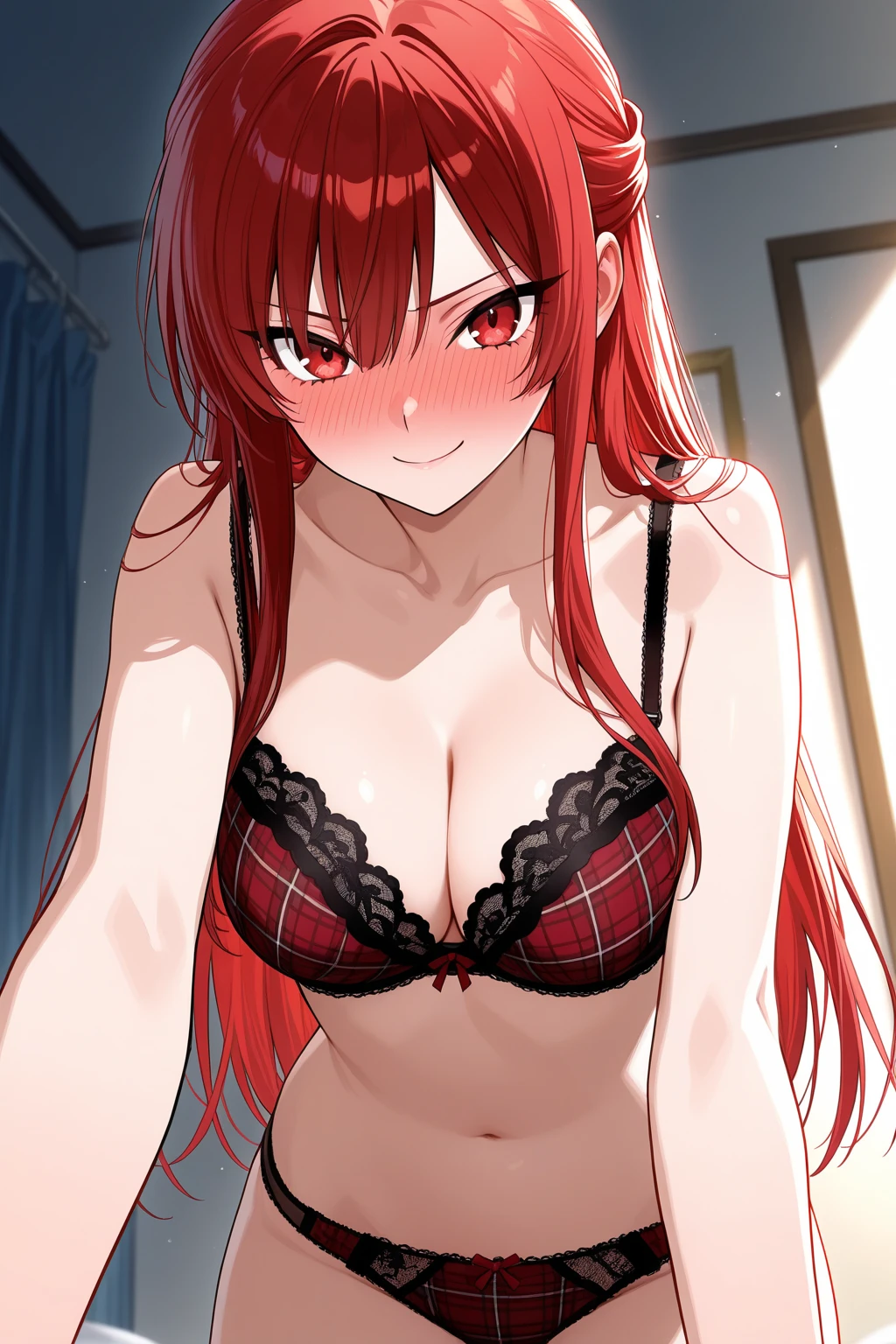 score_9,  score_7_up, source_anime, 
1girl, standing, breast press, looking at viewer,  solo focus, red lace bra,smik, closed mouth, sweat, squinting, long hair, sidelocks
 1boy,  pov, hetero,
 <lora:breastpress_xl:0.9>