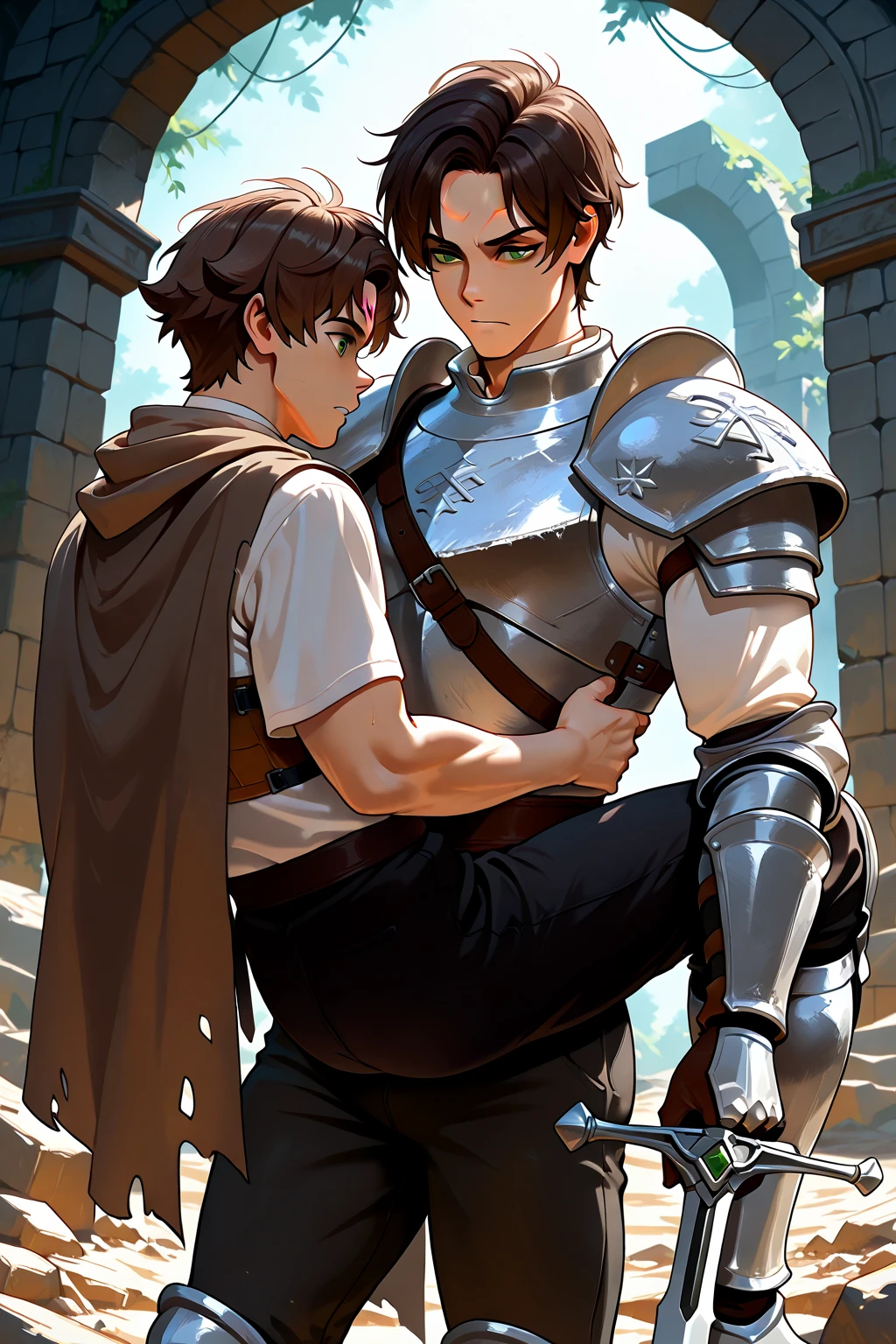 best quality, masterpiece, yaoi, two rugged men, bronzed tan skin, ((bleeding)), (cuts and bruises), wearing ancient roman gladiator armor, , forcefully kissing, dripping saliva, looking directly at each other lovingly, dungeon, manga art style, best view, perfect fingers, no watermark, no logo, no signature