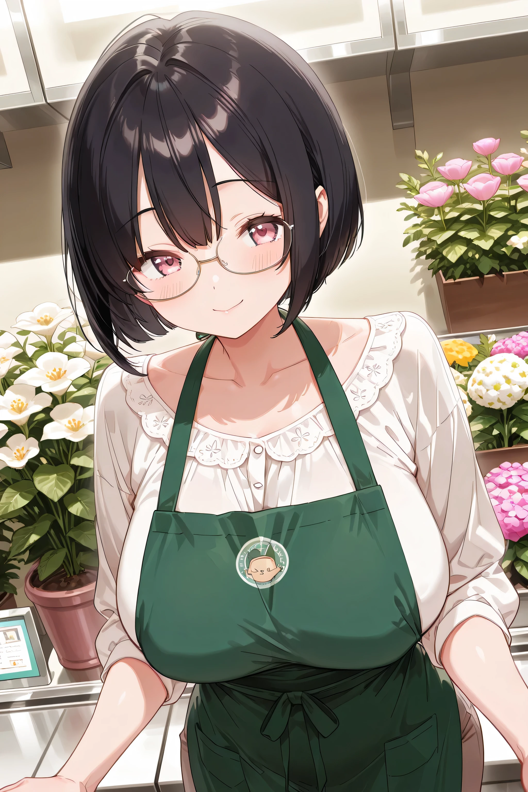 8k、High Fine、high image quality、masterpiece、very detailed illustration、(Flower shop)、(clerk)、(bob cut、dark haired、Glasses)、(white blouse、green apron at checkout)、cute、Idol、Beautiful Woman