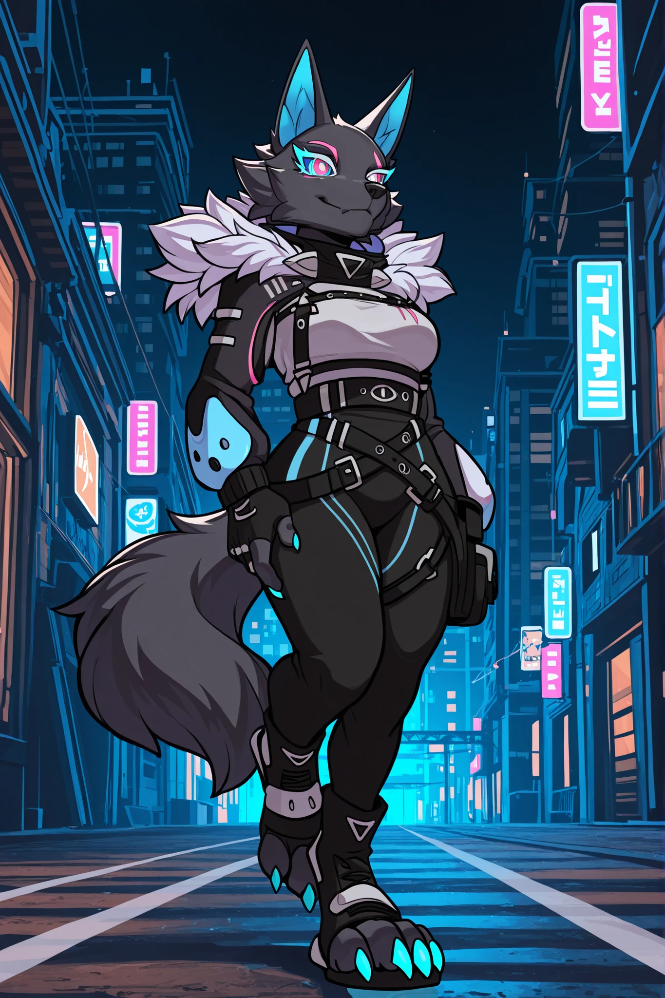 (solo), masterpiece, best quality, clean line art, highres, extremely detailed eyes, perfect eyes, detailed line art, intricate details, ultra-detailed, sharp focus, perfect, full body picture, centered, 1girl, highwire_pack_leader_illust, fur_trim_(clothing), clothing, black_fur, streetwear, techwear, clothed, belt, furry, anthro, (digitigrade legs), digitigrade feet, digitigrade boots, wolf tail, clawed boots, blue claws, boots with straps, (four claws on feet), (four toes on feet), , in neon city, at night, dark background, standing pose,