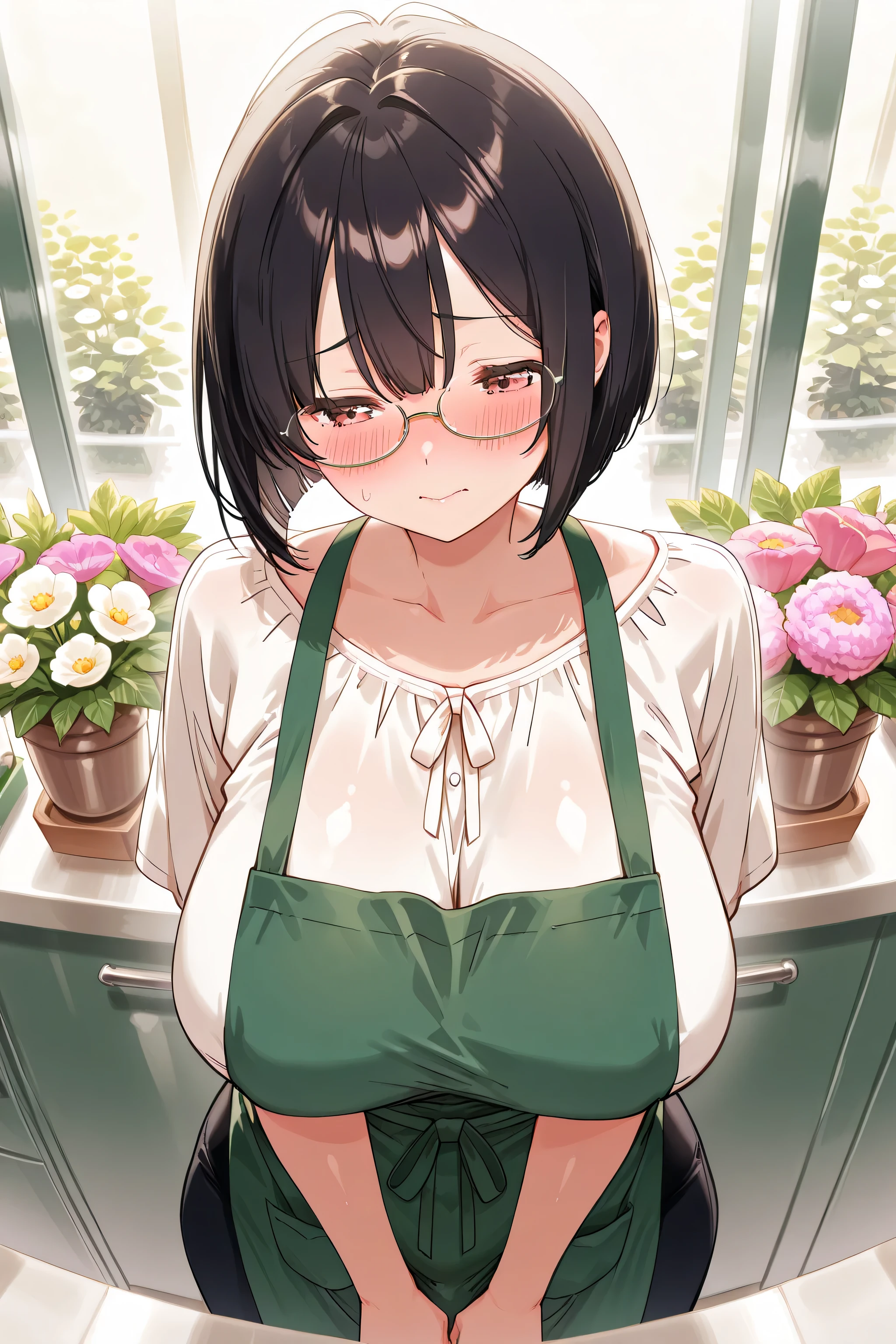 8k、High Fine、high image quality、masterpiece、very detailed illustration、(Flower shop)、(clerk)、(bob cut、dark haired、Glasses)、(white blouse、green apron at checkout)、cute、Idol、Beautiful Woman、I'm embarrassed and blush
