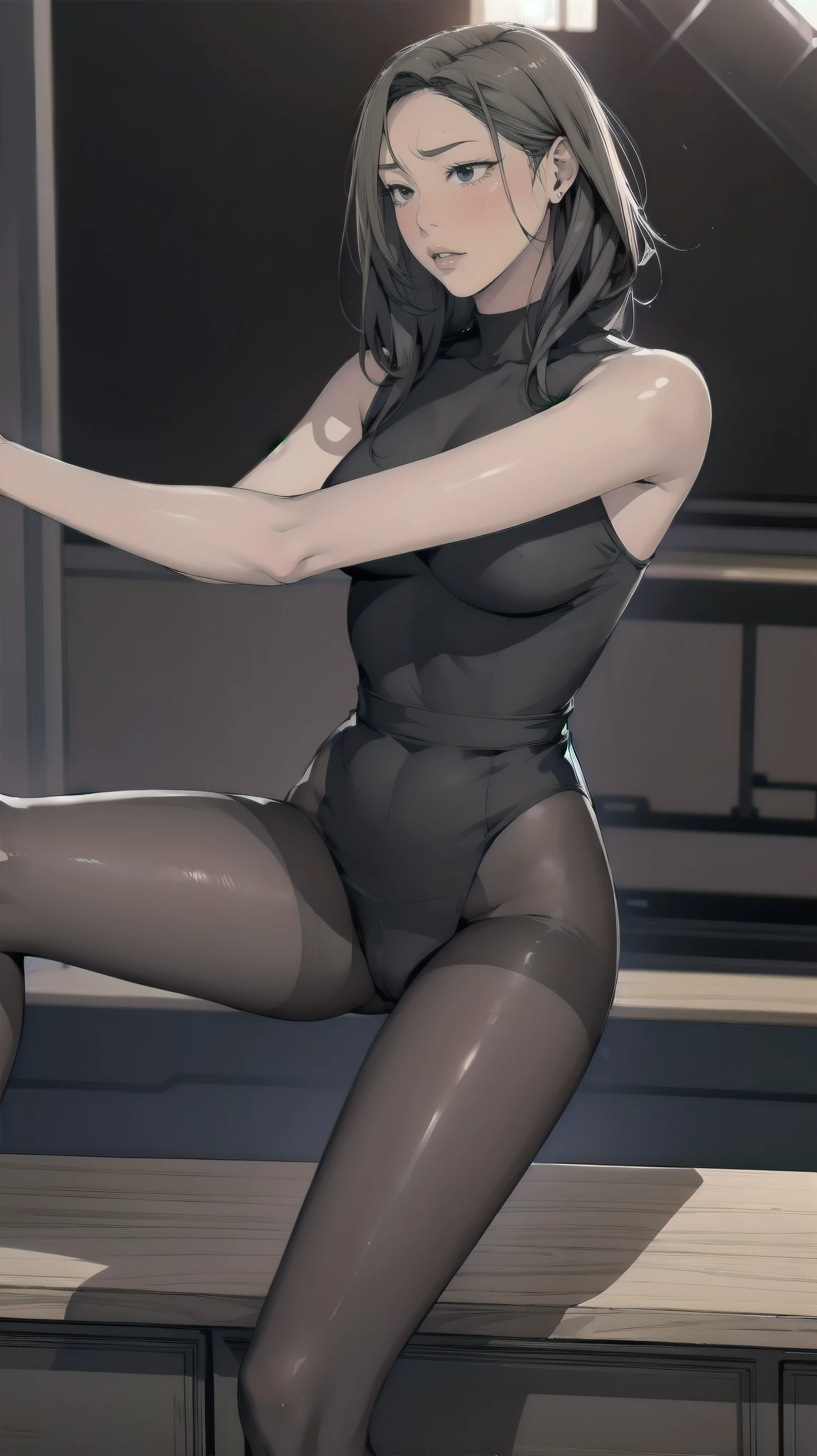 A masterpiece , highest quality, HD, plump chest, slim waist , long legs, Thin thighs, 穿着白色内衣和black pantyhose,feet ,, Staring at the audience, stretches your legs forward