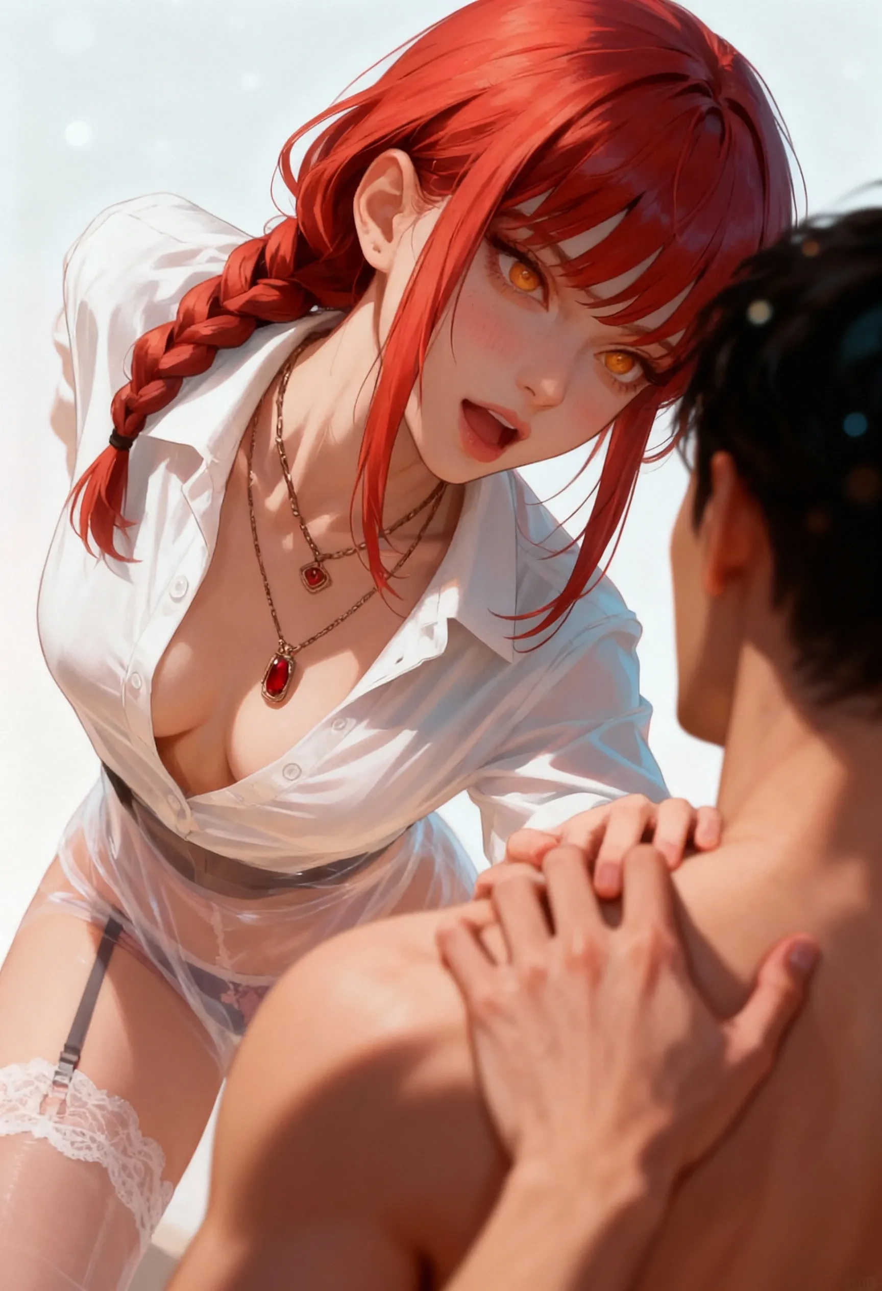 8k, masterpiece, pov ??????????, close-up shot 1boy, ?????, pubic hair 1girl, takashirohiroko, long red hair, purple eyes, green round ear rings, purple lingerie, large ??????, deepthroating a man, ???, detailed eyes, detailed lips, in a crowded room full of ppl, 