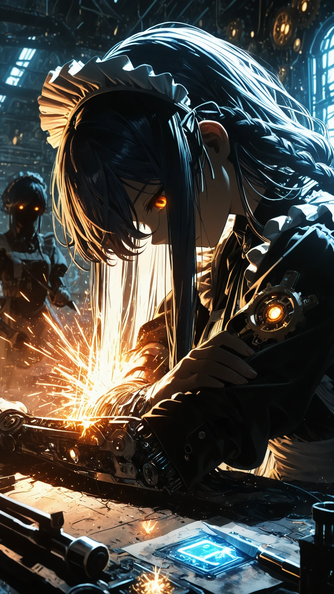 (masterpiece:1.2, Best Quality), C7b3rp0nkStyle, ((very long bangs, hidden face, face hidden by hair)), head tilt, looking up, beautiful face, long sidelocks framing face, long swept bangs, dark blue hair, messy hair, braid, orange eyes, glowing eyes, ((holding tools, sparks)) ((repairing own arm, looking down, placing tool against arm)), futuristic, factory, delicate mechanical features, exposed circuitry, damaged gears scattered, expressionless, intricate steampunk details, maid outfit, frilly headdress, mechanical parts clockwork scattered ground, watercolor and ink, rough texture, sketchy outlines, organic lines, hatching and cross-hatching, paper texture, analog art style with visible brush strokes and line work.