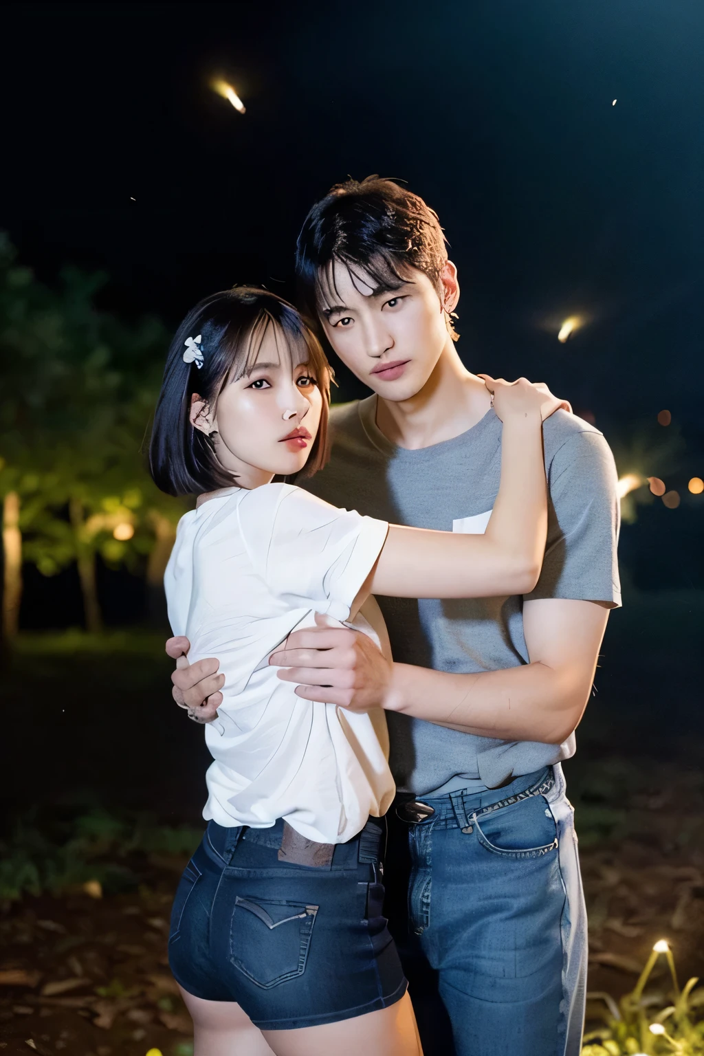 8K,super high image quality with rice bowl、ultra high definition picture、realistic, (Two Japanese women and men:1.3)、((two men and women:1.3)),black straight short hair、(Yellow Camisole、white miniskirt:1.2),(Kawabe at midnight:1.3),(彼氏と二人でFirefly Dance を見ている:1.4),(they are lovers and are on good terms:1.2)、Love-loving atmosphere、in the riverside bushes、(二人の男女が川辺でFirefly Dance を見ている:1.2),There is a lot of firefly light flying around them ,((Firefly Dance :1.2)),((lots of fireflies dancing:1.3)),((midnight:1.3))
(A man wearing a white shirt and jeans:1.3)、original artwork、(masterpiece)、(Highest Quality,very detailed,complicated)、professional shooting、professional lighting、high resolution、 couple of men and women watching fireflies、realistic images of two people,stream and bank where lots of fireflies dance、(Male and female lovers :1.3)